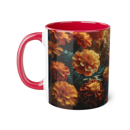 Orange Marigolds Accent Mug, Floral Coffee Cup, Botanical Tea Mug, Nature Lover Gift, Garden Theme Kitchen Decor