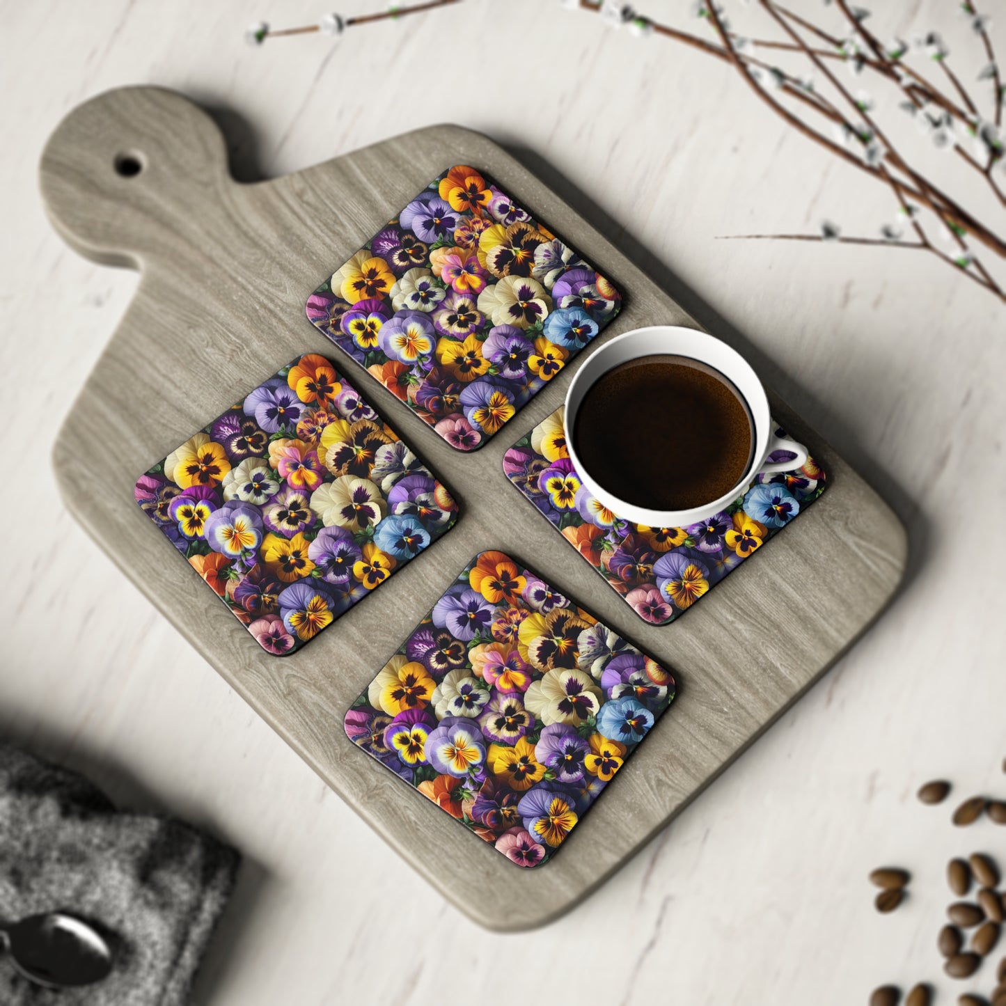Pansy Coasters, Set of 4 Floral Drink Coasters, Flower Coasters, Garden Coaster Set, Botanical Coasters, Spring Decor