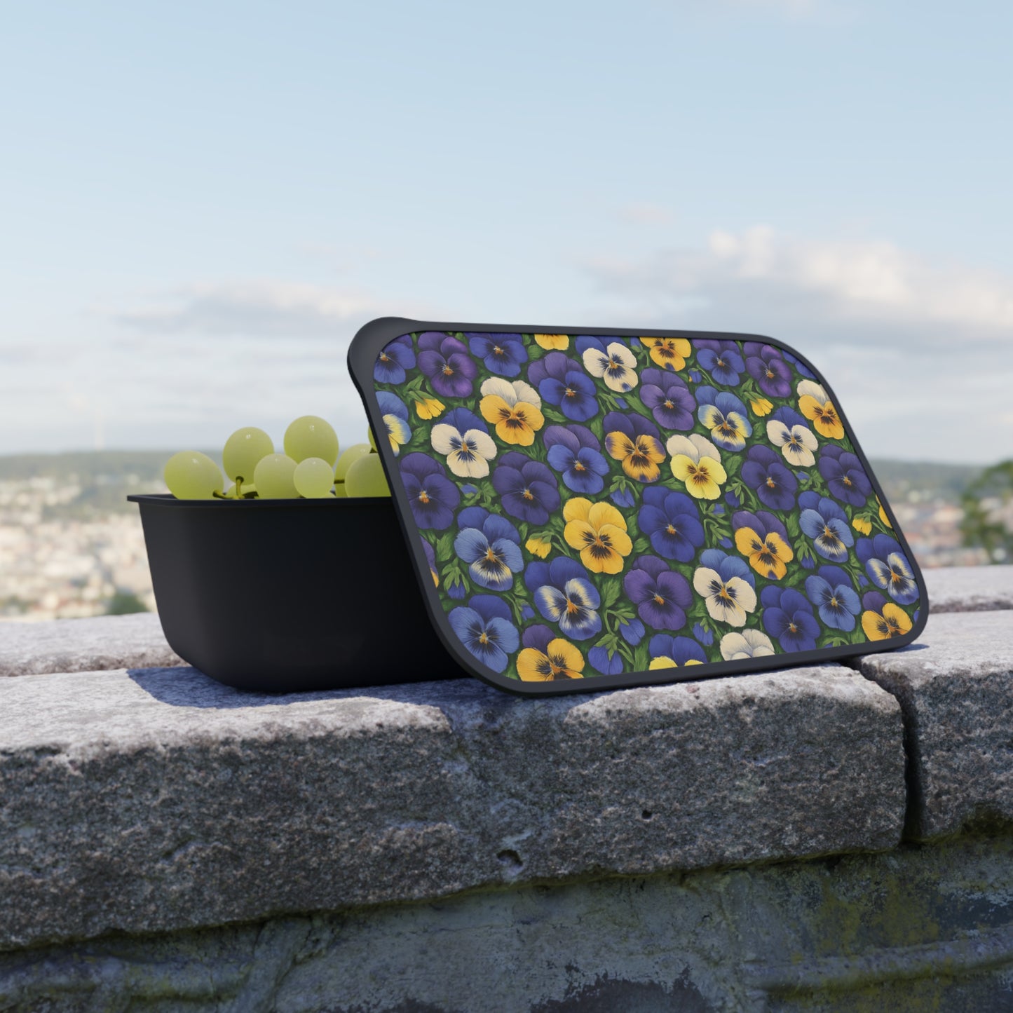 Vibrant Pansy Bento Box: Lunch Container with Band and Utensils, Eco-Friendly Food Storage, Reusable Meal Prep Kit, Gift for Foodie
