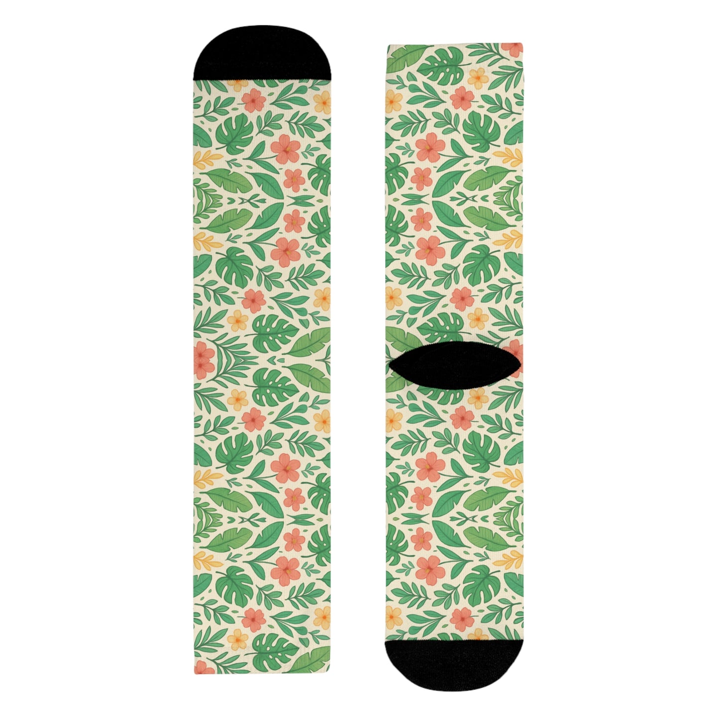 Tropical Floral Sublimation Crew Socks, Botanical Print Footwear, Summer Vibes Accessories, Beach Vacation Wear, Floral Patterned Sock Gift,