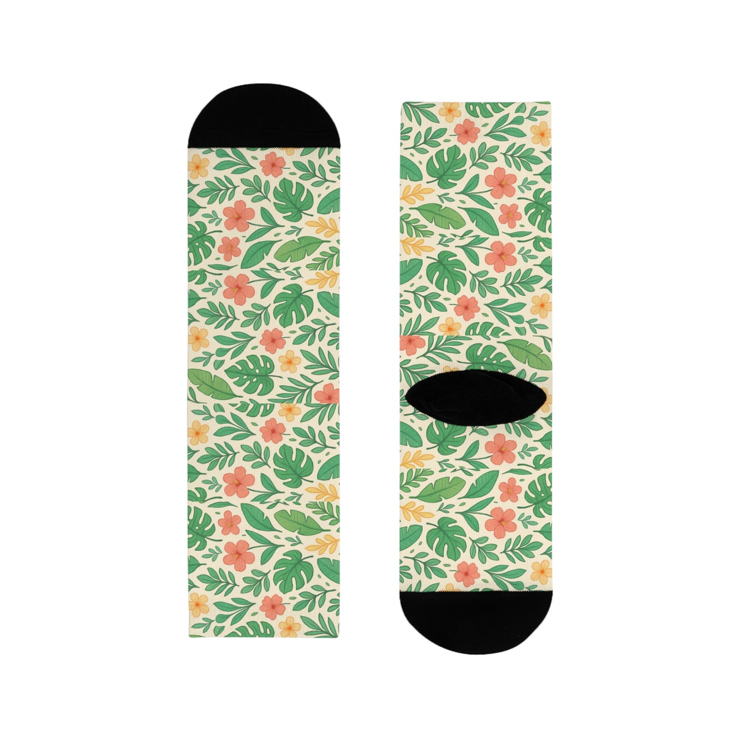 Tropical Floral Sublimation Crew Socks, Botanical Print Footwear, Summer Vibes Accessories, Beach Vacation Wear, Floral Patterned Sock Gift,