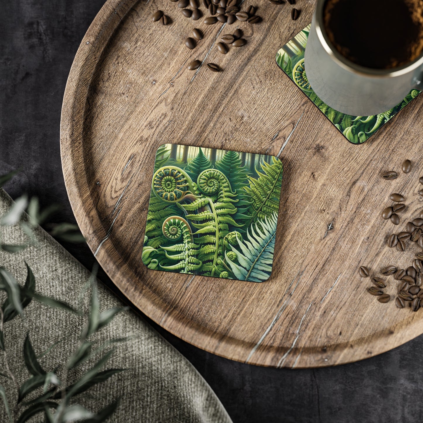 Botanical Fern Leaves Drink Coasters, Set of 4 Square Coasters, Jungle Plant Home Decor, Tropical Greenery Coasters, Leaf Print