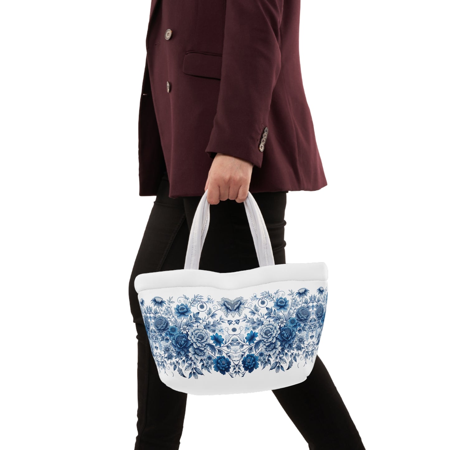 Blue Floral Lunch Bag - Insulated Food Tote, Flower Print Lunchbox, Picnic Cooler, Reusable Lunch Sack, Lunchtime Accessory