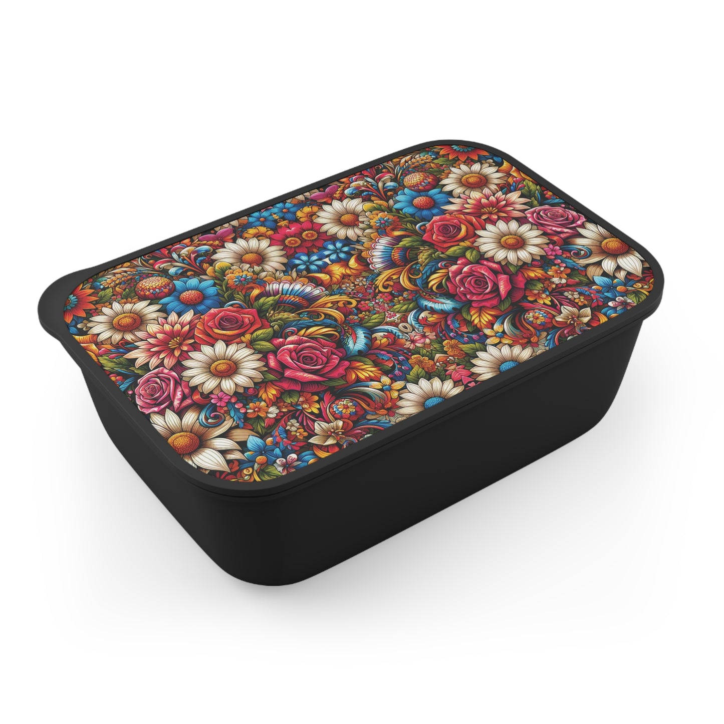 Bento Box - Colorful Flower Patterned Bento Box with Band and Utensils, Floral Design, Lunch Container, Food Storage Container, Eco-Friendly