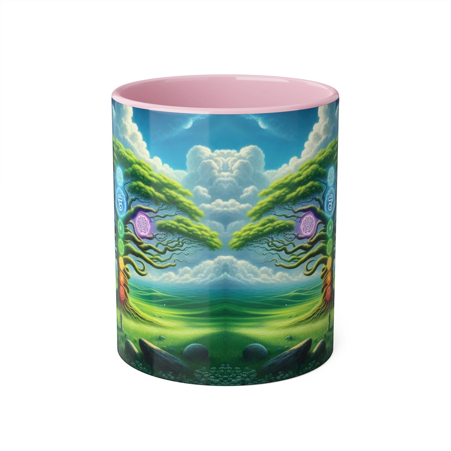Chakra Tree Accent Mug, 11oz - Ceramic Tea Cup, Reiki Energy Drinkware, Spiritual Gift, Yoga Meditation Coffee Mug, Tree of Life Kitchen