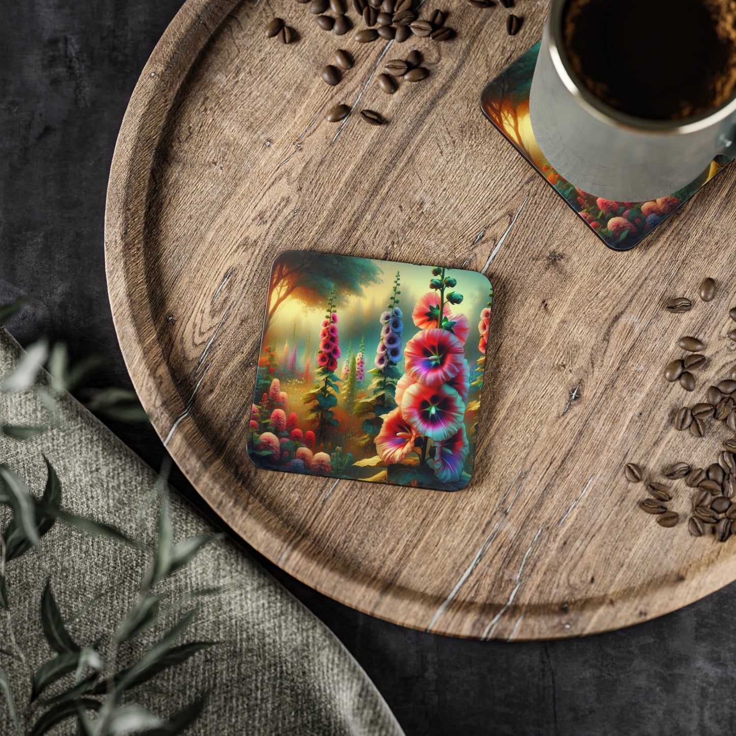 Hollyhock Coasters, hollyhock blooms drink coasters, floral coasters, home decor, housewarming gift, gardening gift