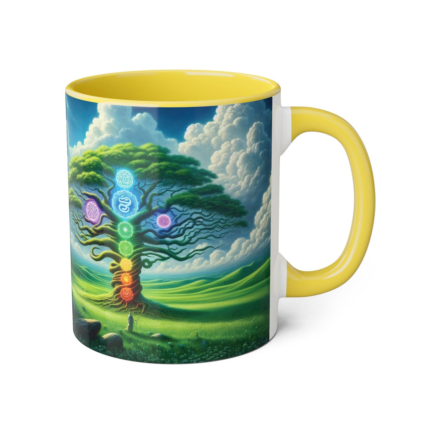 Chakra Tree Accent Mug, 11oz - Ceramic Tea Cup, Reiki Energy Drinkware, Spiritual Gift, Yoga Meditation Coffee Mug, Tree of Life Kitchen