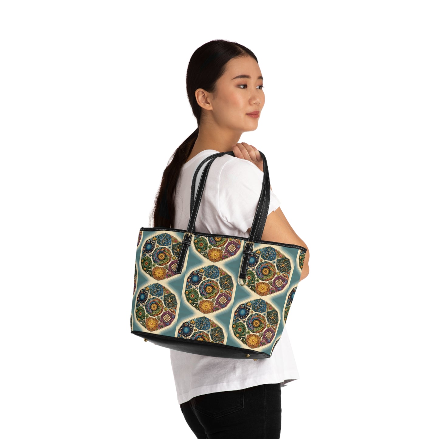 Spiritual PU Leather Shoulder Bag with Geometric Design, Stylish Tote, Everyday Handbag, Perfect for Gifting, Festival Accessory