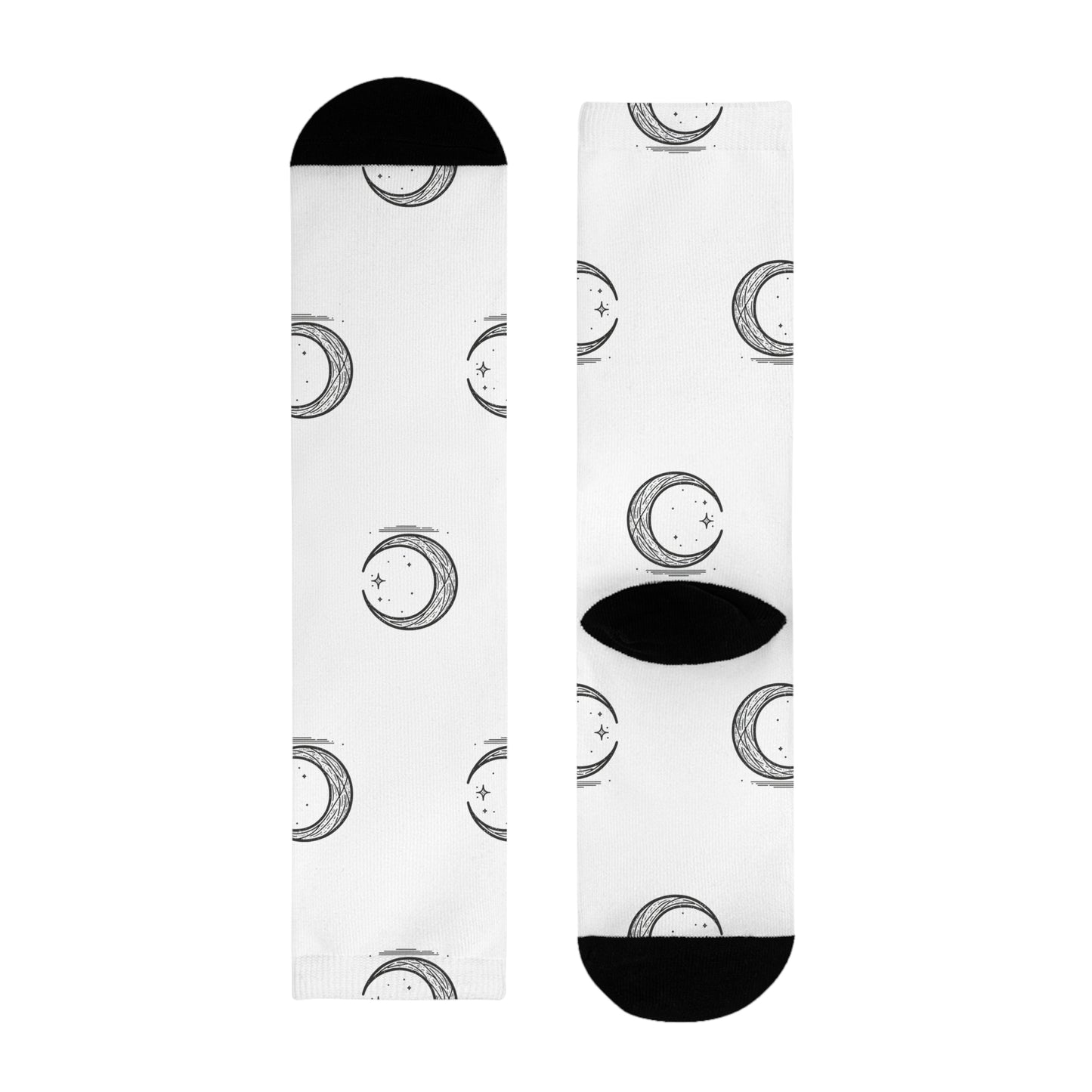 Crescent Moon Crew Socks, Minimalist Lunar Design, Night Sky Apparel, Black White Patterned Footwear, Gift for Moon Lovers,
