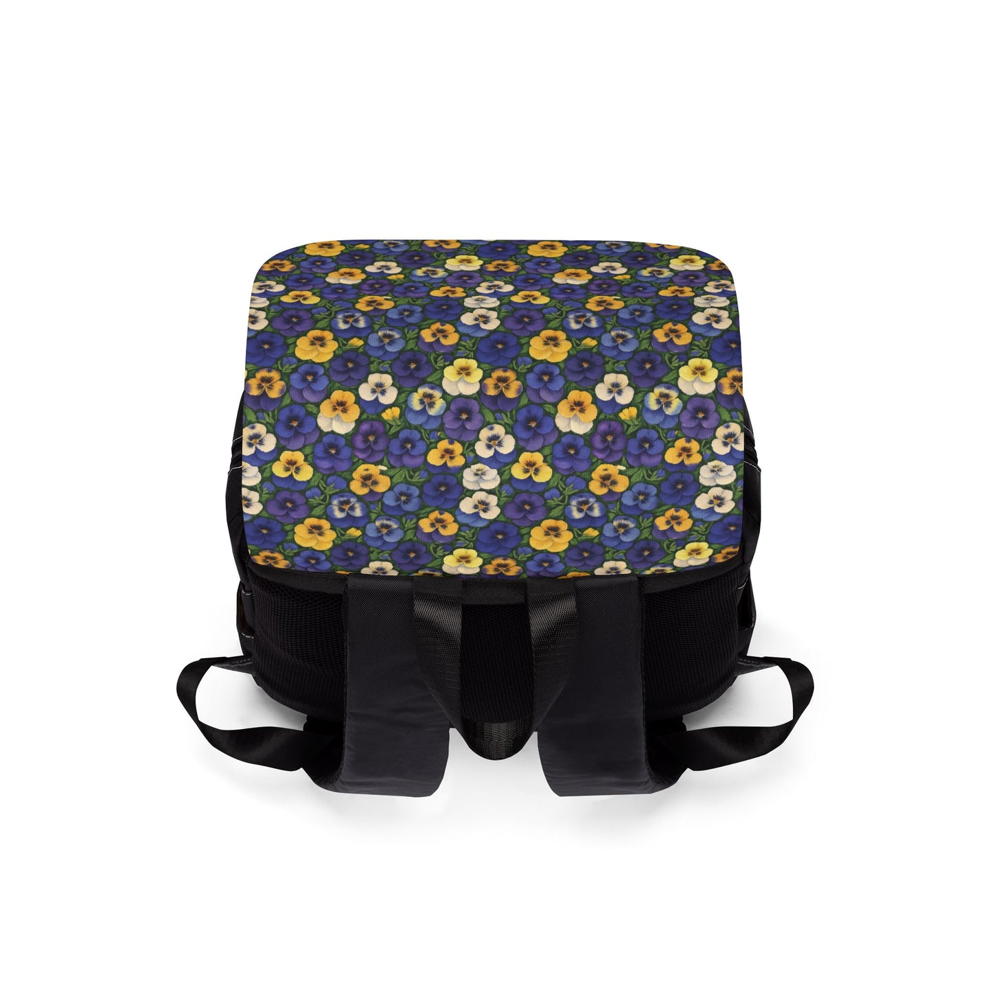 Pansies Shoulder Backpack, Nature Print Daypack, Botanical School Bookbag, Garden Theme Travel Knapsack
