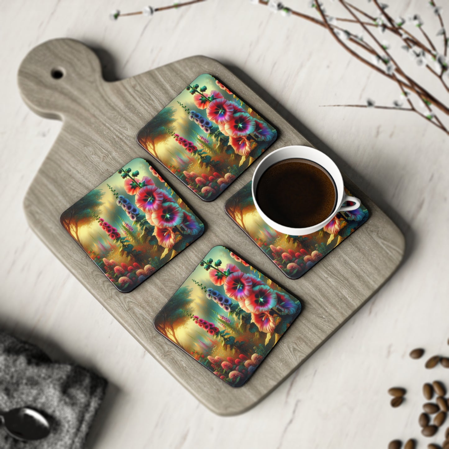 Hollyhock Coasters, hollyhock blooms drink coasters, floral coasters, home decor, housewarming gift, gardening gift