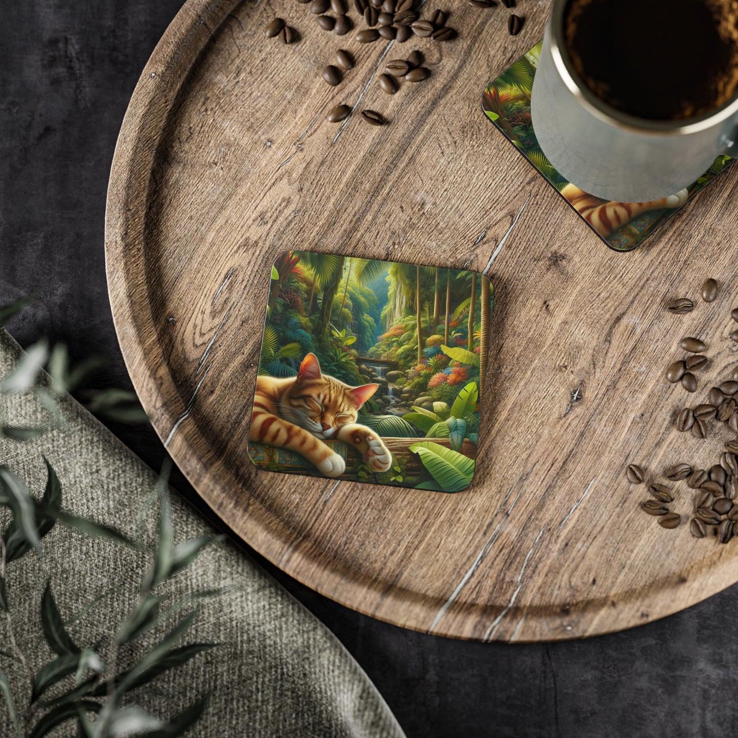 Tropical Forest Cat Coasters, Coasters Set, Drink Coaster, Cat Lover Gift, Jungle Coasters, Housewarming Gift