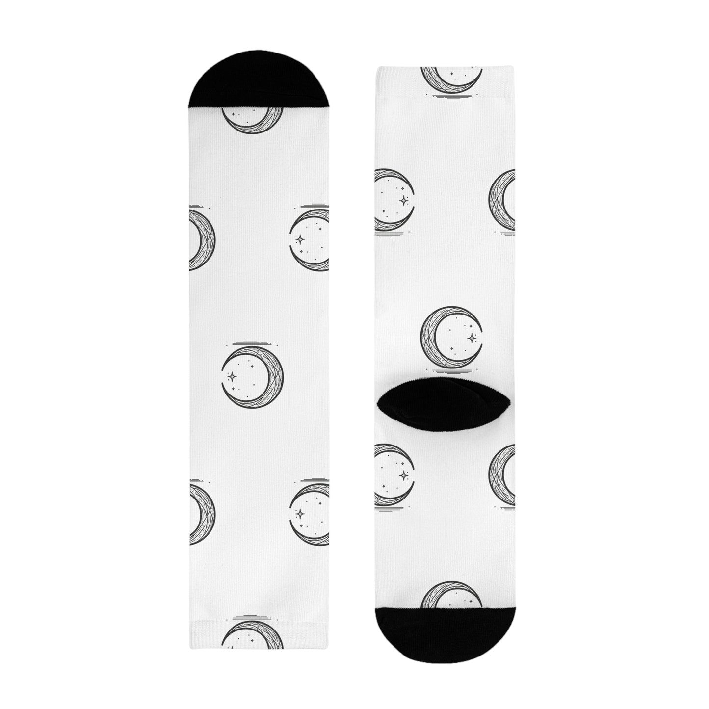Crescent Moon Crew Socks, Minimalist Lunar Design, Night Sky Apparel, Black White Patterned Footwear, Gift for Moon Lovers,