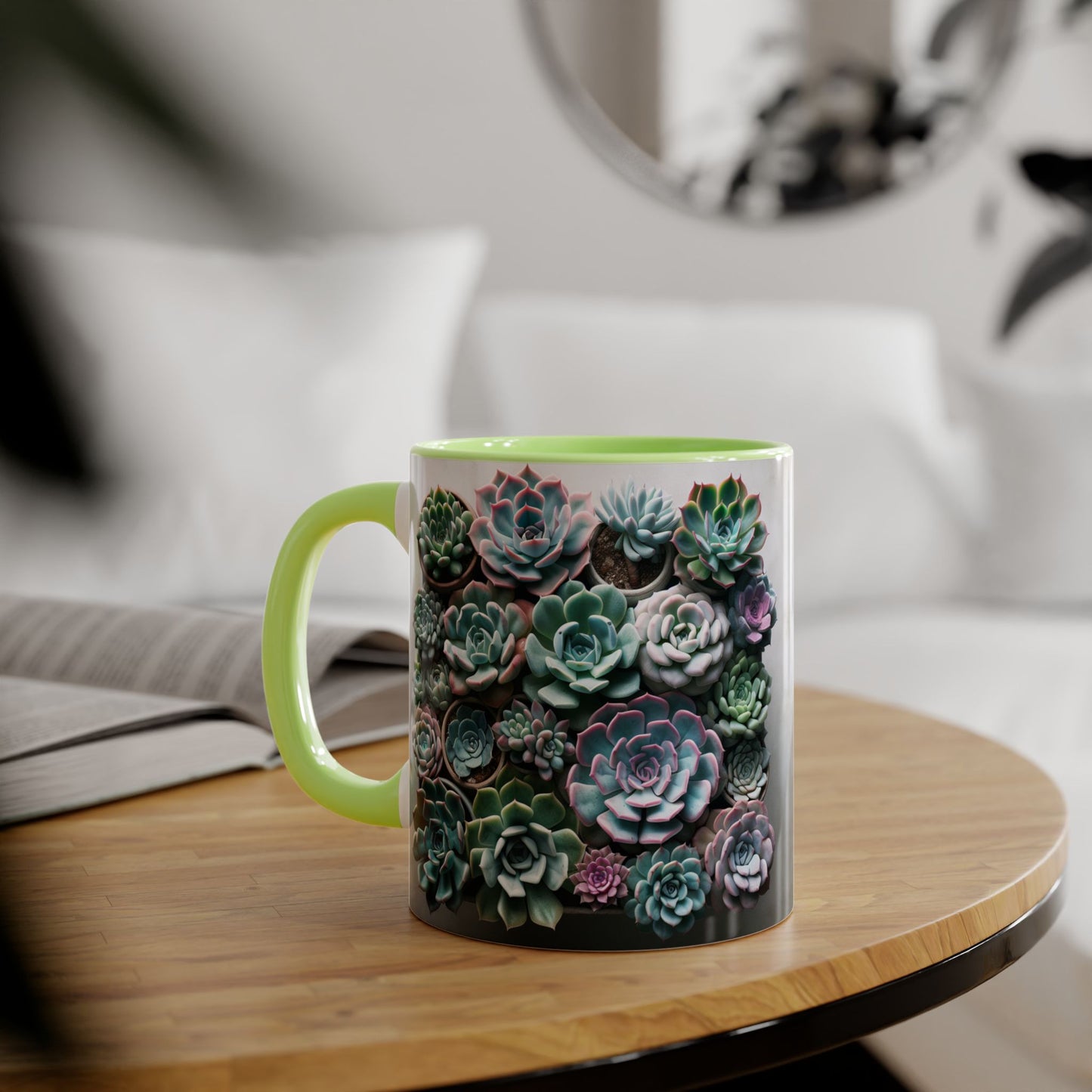Succulent Garden Accent Mug, 11oz Succulent Coffee Mug, Floral Drinkware, Plant Lover Gift, Unique Home Decor