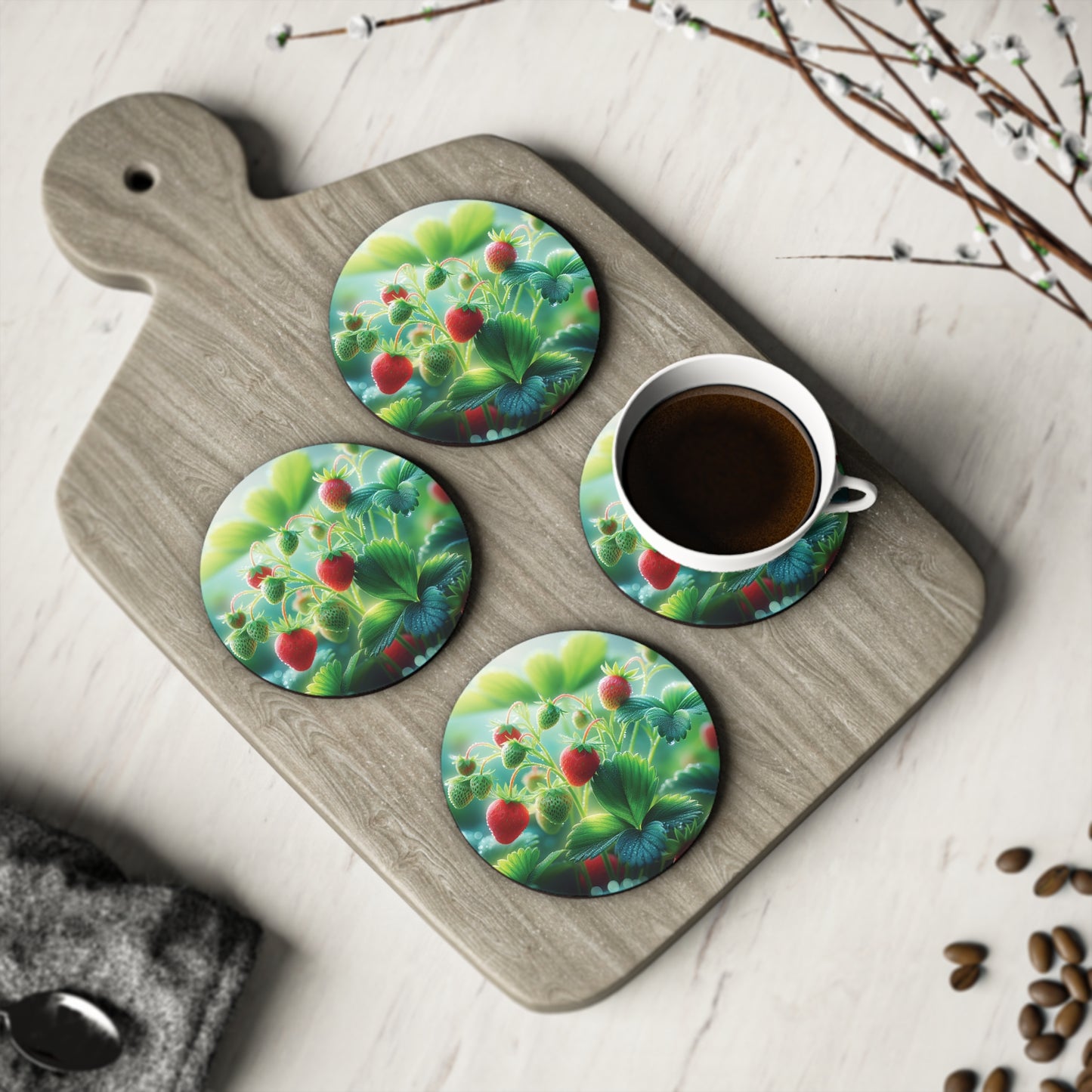 Strawberry Garden Coasters Set, Fruit Kitchen Decor, Drink Coaster, Red Berries, Farmhouse Coasters, Gift for Gardener, Housewarming Present