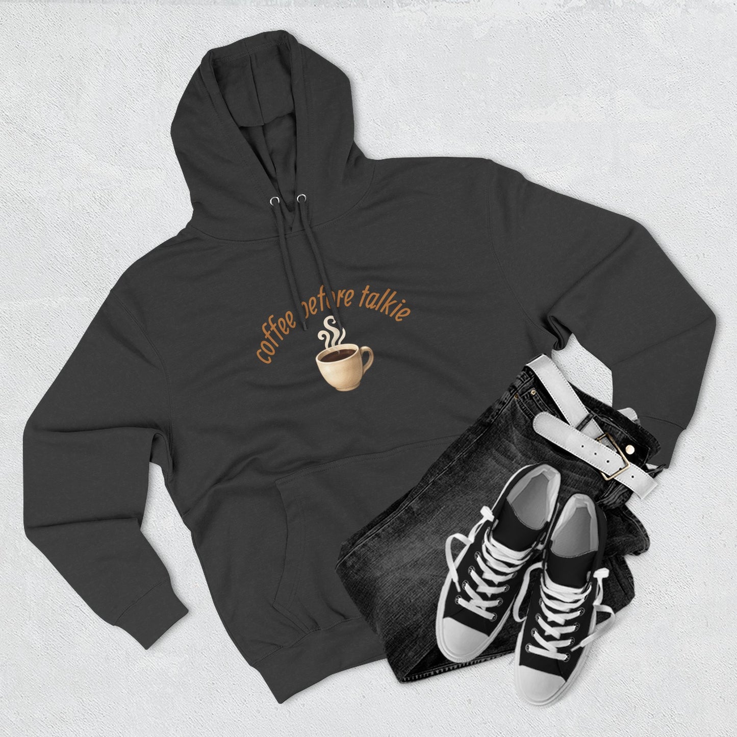 Fleece Hoodie: Coffee Before Talkie, Caffeine Lover Sweatshirt, Three-Panel Pullover, Unisex Hooded Top