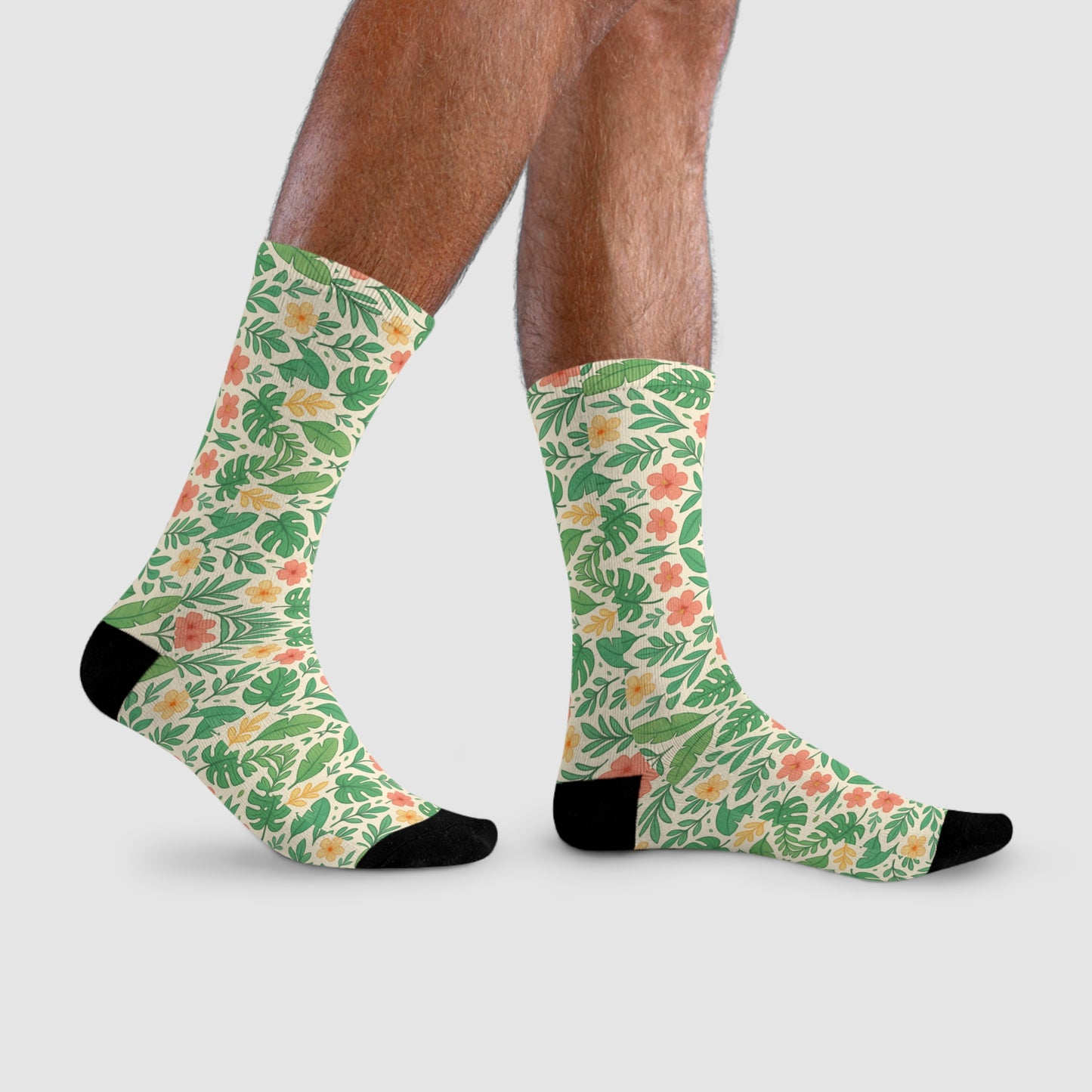 Tropical Floral Sublimation Crew Socks, Botanical Print Footwear, Summer Vibes Accessories, Beach Vacation Wear, Floral Patterned Sock Gift,