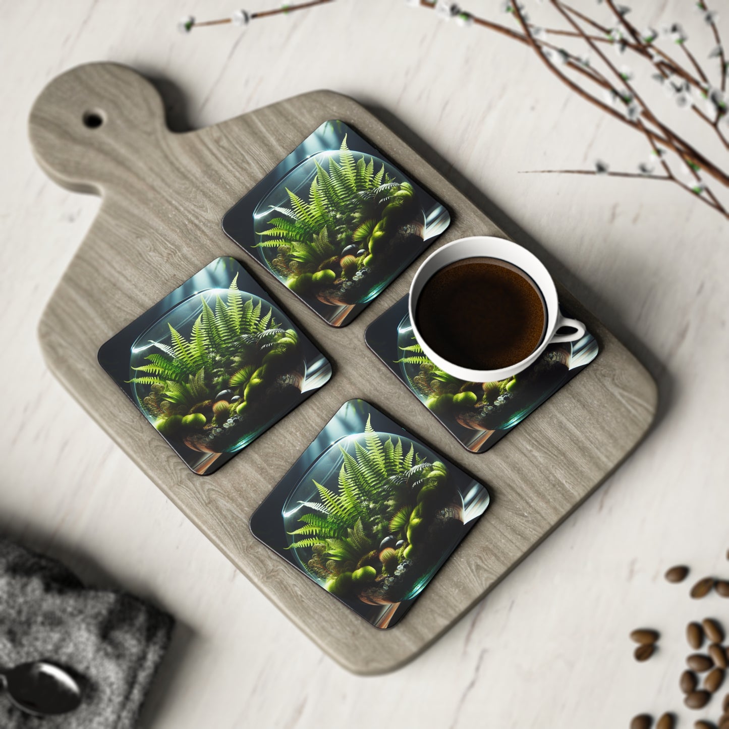 Fern Terrarium Coasters, Botanical Plant Drink Mats, Nature Inspired Coaster Set, Greenery Home Decor, Plant Lover Gift