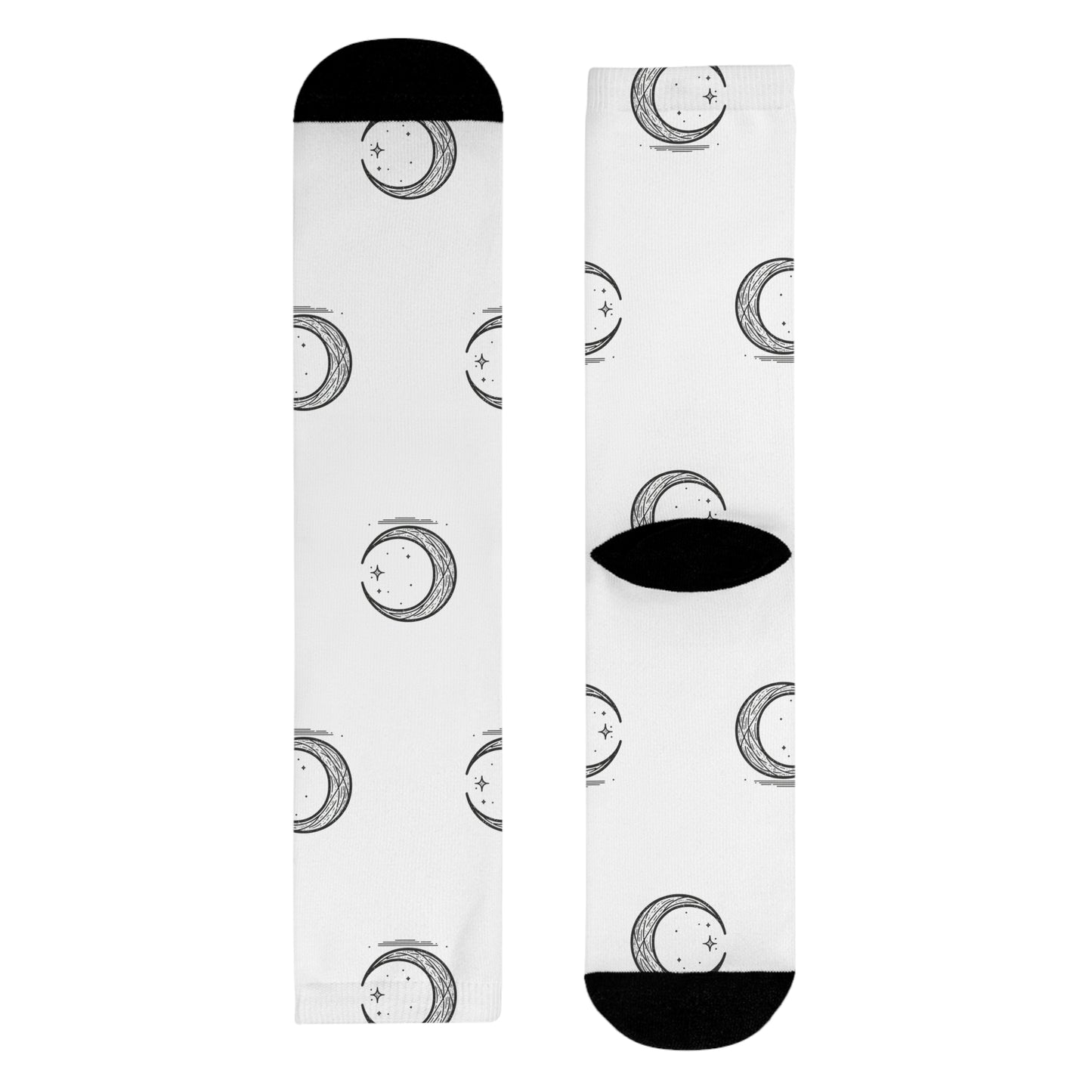 Crescent Moon Crew Socks, Minimalist Lunar Design, Night Sky Apparel, Black White Patterned Footwear, Gift for Moon Lovers,
