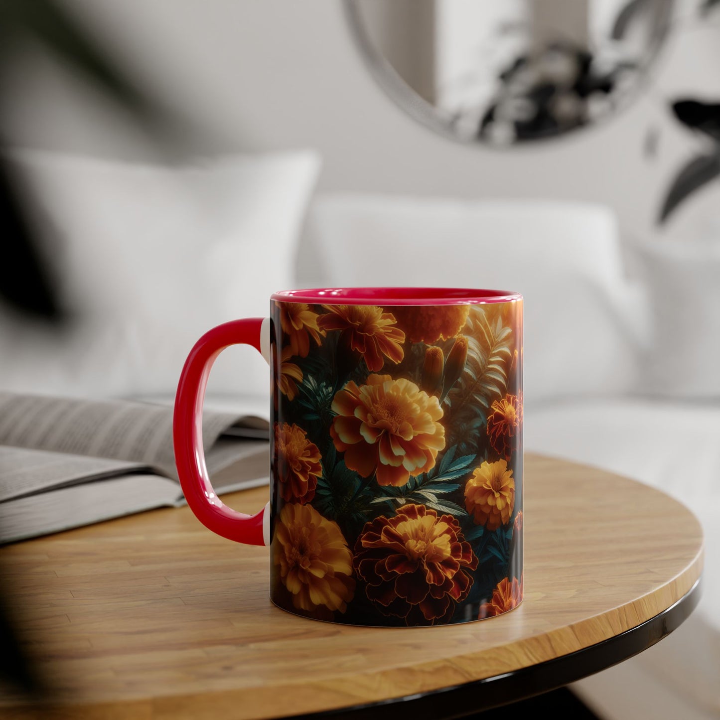 Orange Marigolds Accent Mug, Floral Coffee Cup, Botanical Tea Mug, Nature Lover Gift, Garden Theme Kitchen Decor