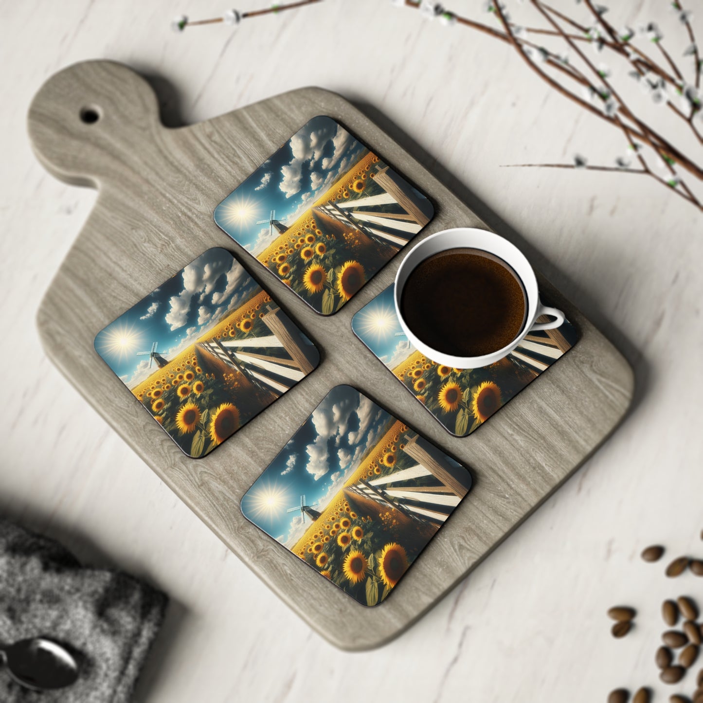Sunflower Field Coasters, Floral Drink Mats, Farmhouse Decor, Rustic Kitchen Accessories, Set of 4 Coaster, Flower Home Gifts