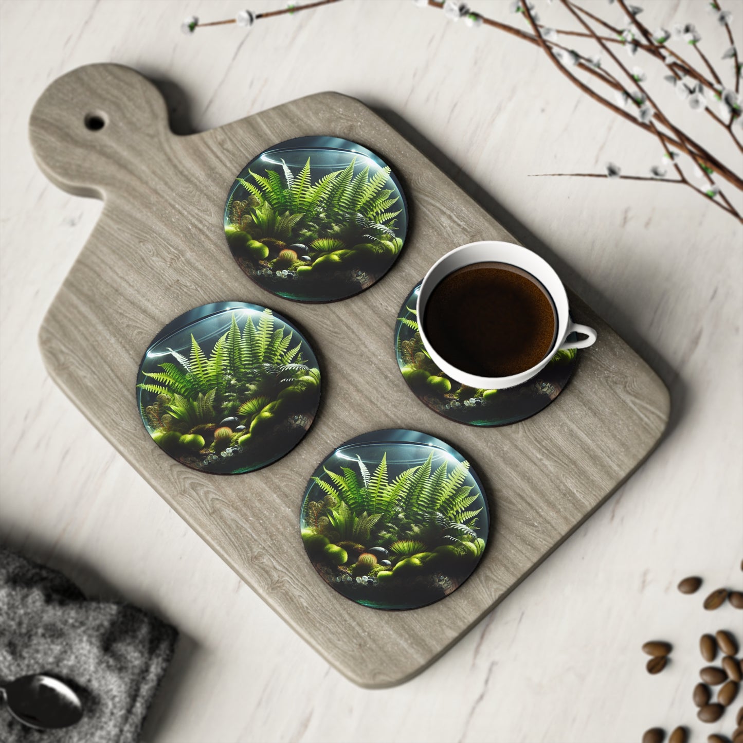 Fern Terrarium Coasters, Botanical Plant Drink Mats, Nature Inspired Coaster Set, Greenery Home Decor, Plant Lover Gift