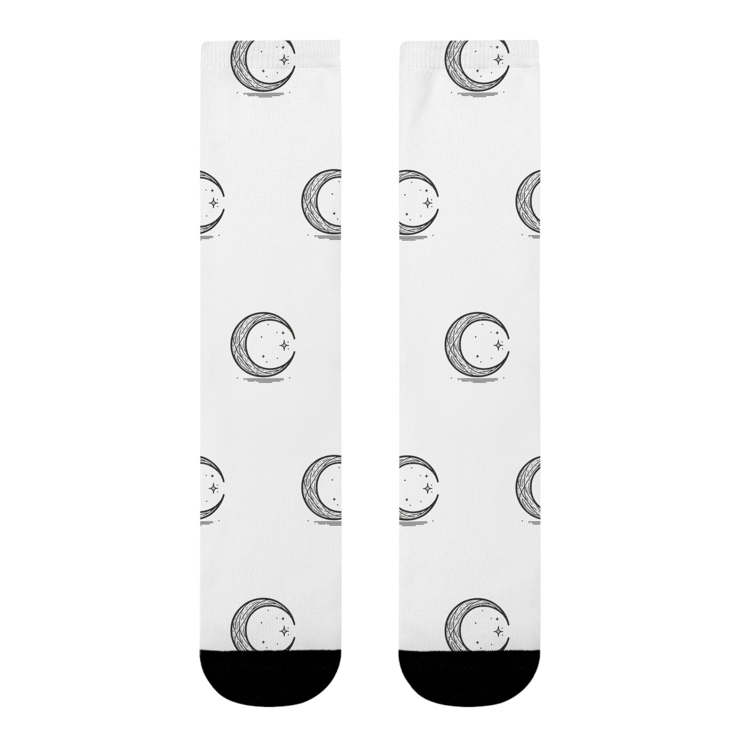 Crescent Moon Crew Socks, Minimalist Lunar Design, Night Sky Apparel, Black White Patterned Footwear, Gift for Moon Lovers,