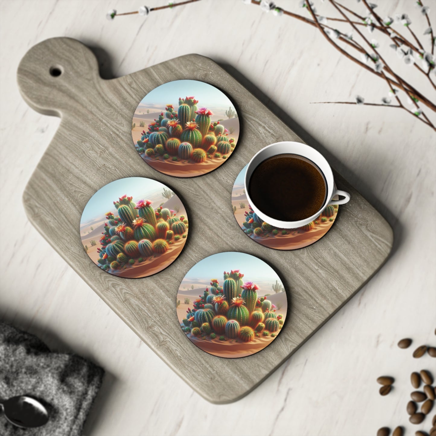 Cactus Coasters, Southwest Desert Plant Drink Holders, Succulent Home Decor, Set of 4 Ceramic Tiles, Holiday Housewarming Gift, Kitchen