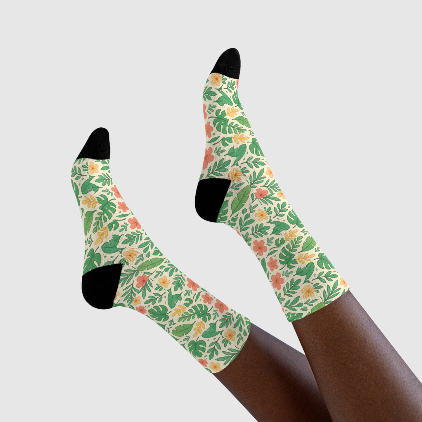 Tropical Floral Sublimation Crew Socks, Botanical Print Footwear, Summer Vibes Accessories, Beach Vacation Wear, Floral Patterned Sock Gift,