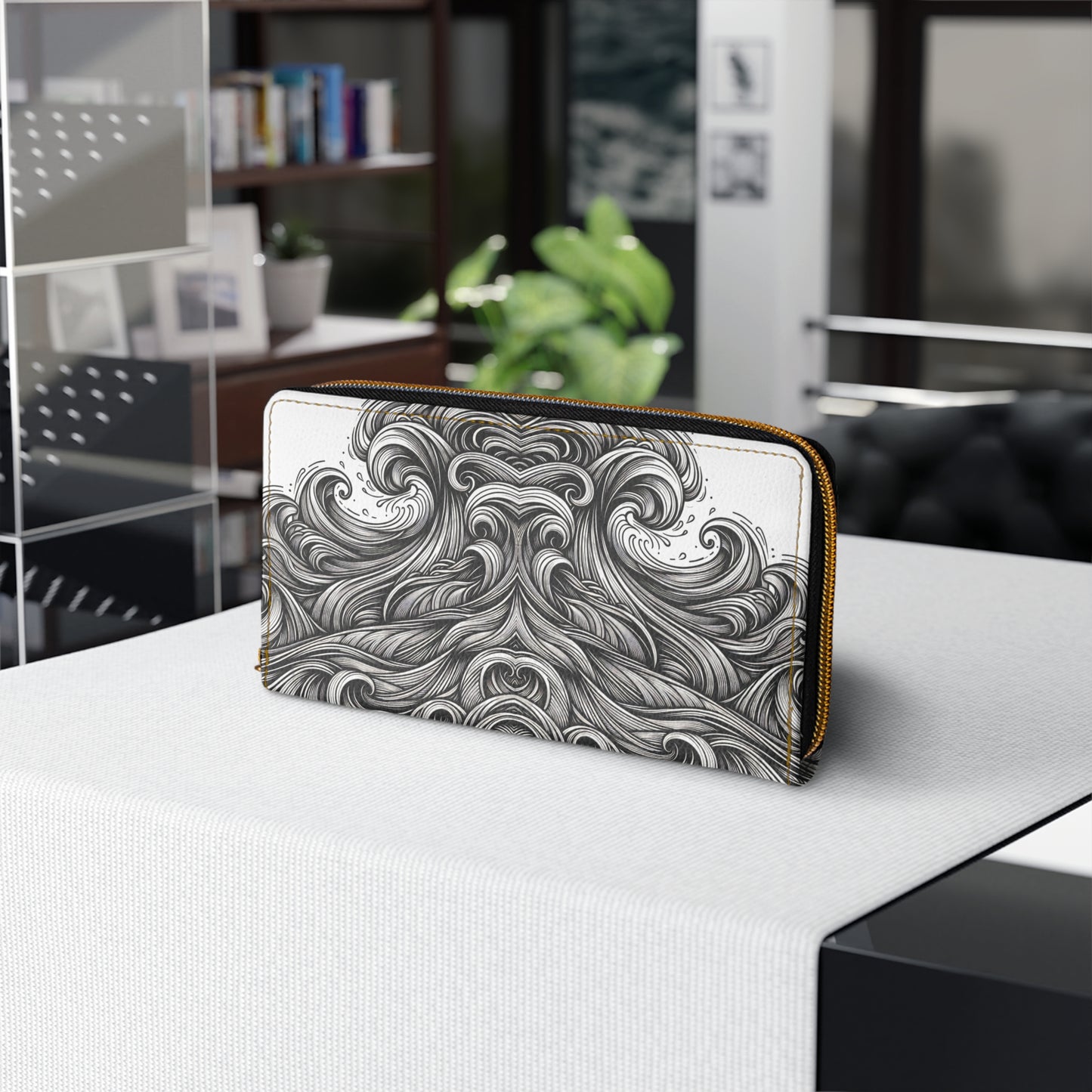 Zipper Wallet with Monochrome Energy Waves