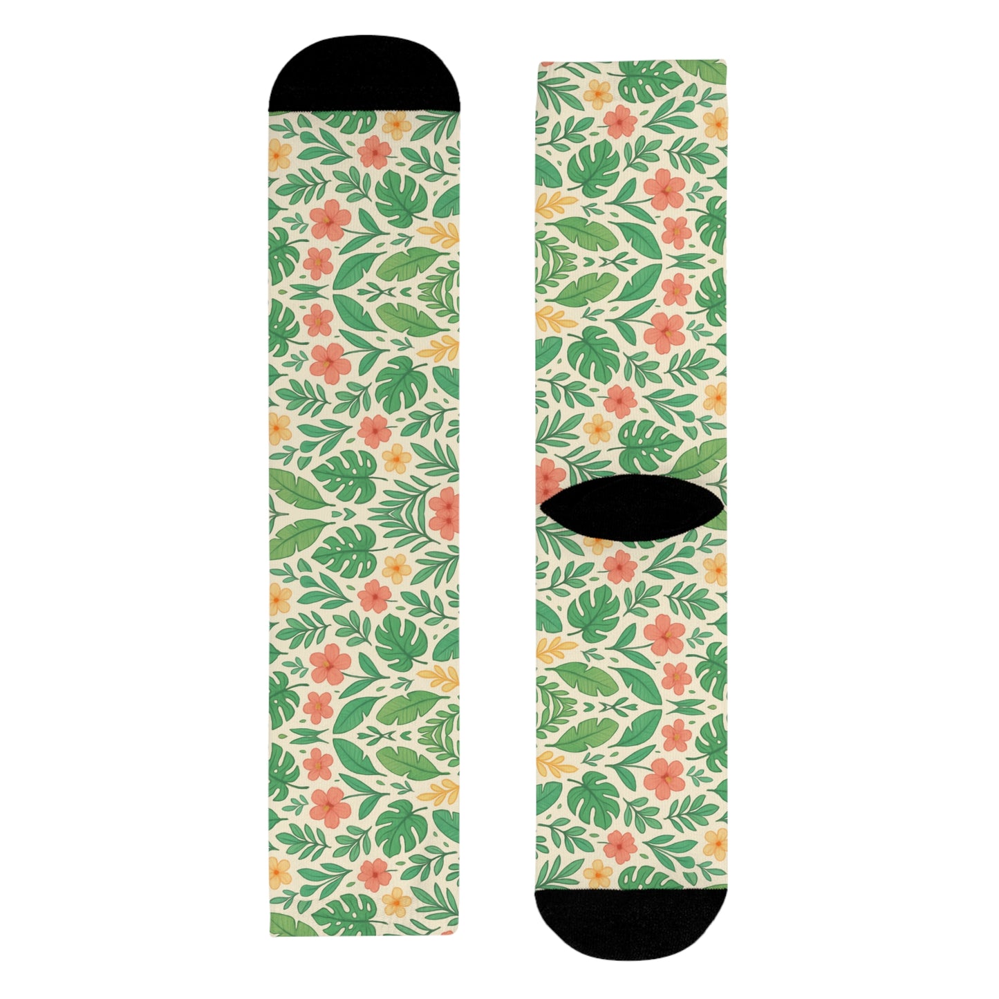 Tropical Floral Sublimation Crew Socks, Botanical Print Footwear, Summer Vibes Accessories, Beach Vacation Wear, Floral Patterned Sock Gift,
