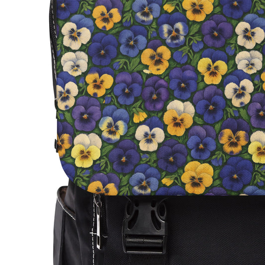 Pansies Shoulder Backpack, Nature Print Daypack, Botanical School Bookbag, Garden Theme Travel Knapsack