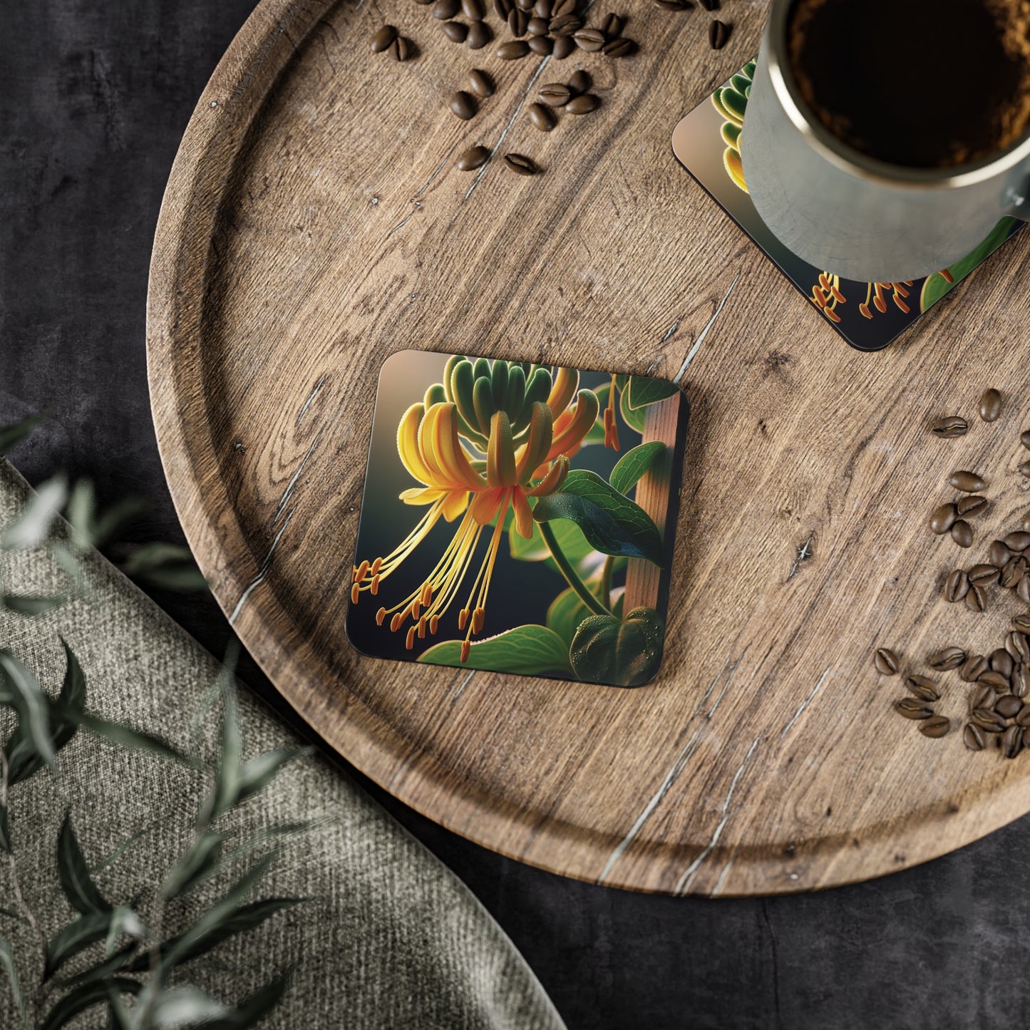 Floral Honeysuckle Coasters, Set of 4 Cork Backed Coasters, Botanical Drink Mats, Flower Lover Gift, Home Decor Accents