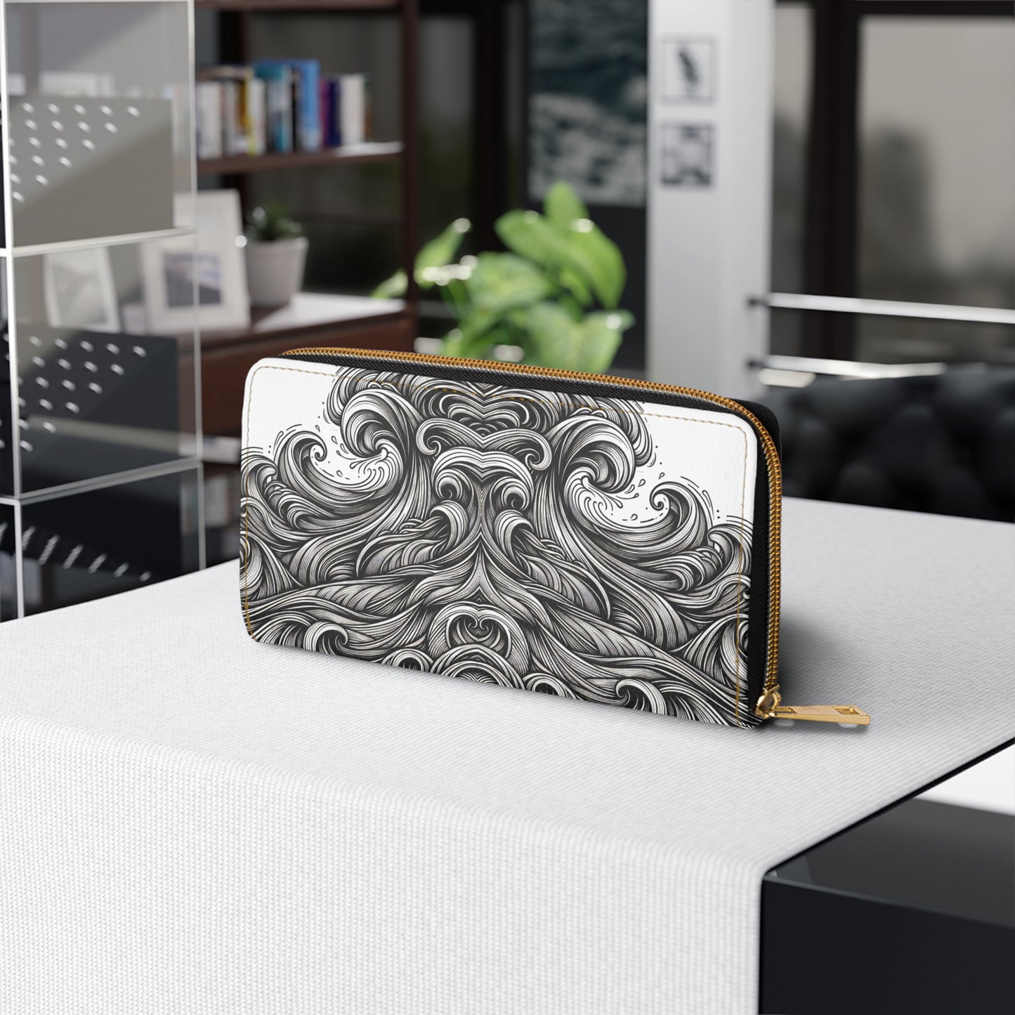 Zipper Wallet with Monochrome Energy Waves