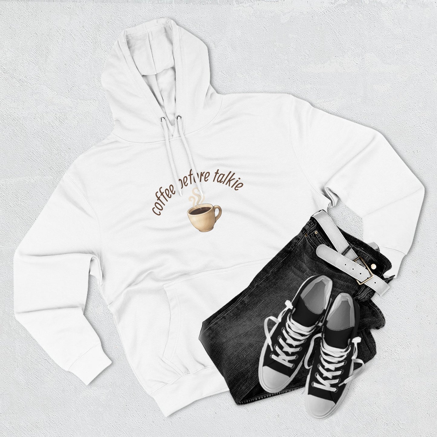 Fleece Hoodie: Coffee Before Talkie, Caffeine Lover Sweatshirt, Three-Panel Pullover, Unisex Hooded Top