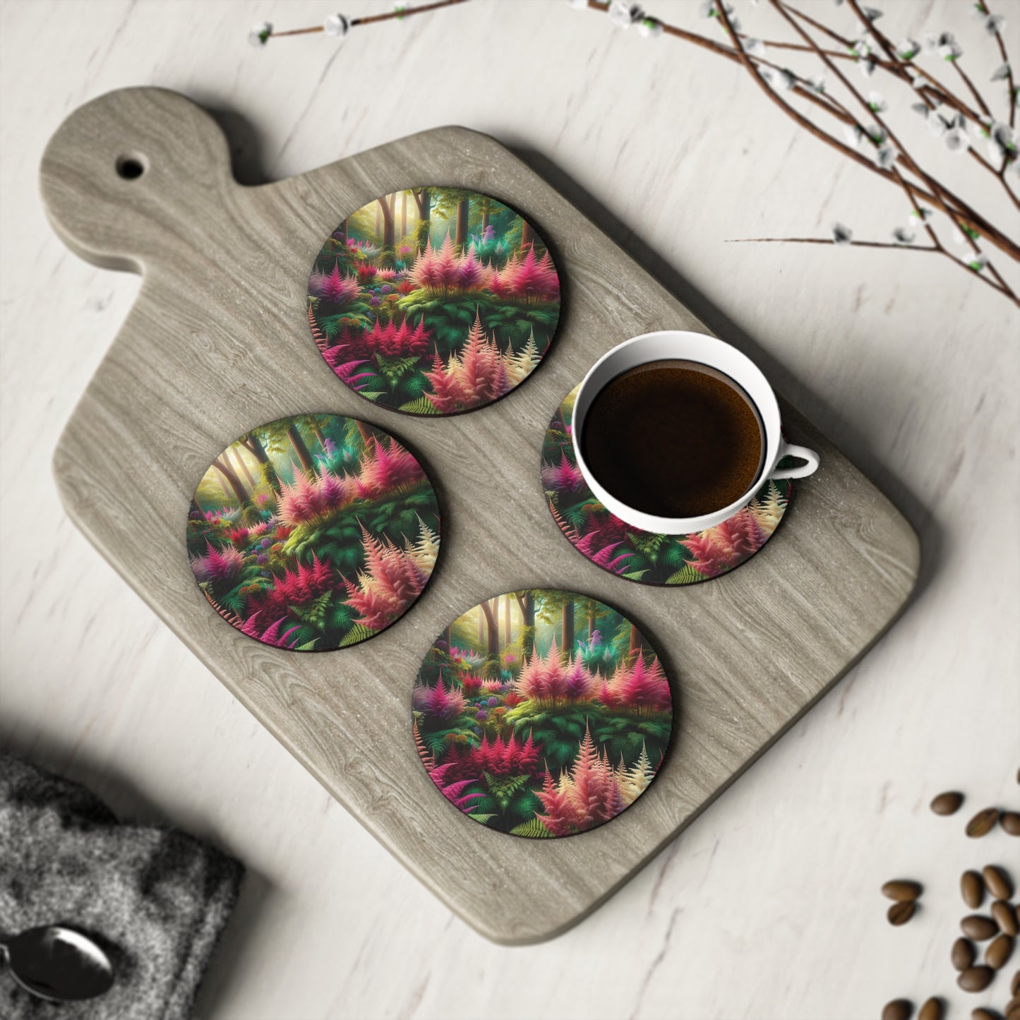 Astilbe Bloom Design Coasters, Floral Drink Coasters, Set of 4, Housewarming Gift, Home Decor