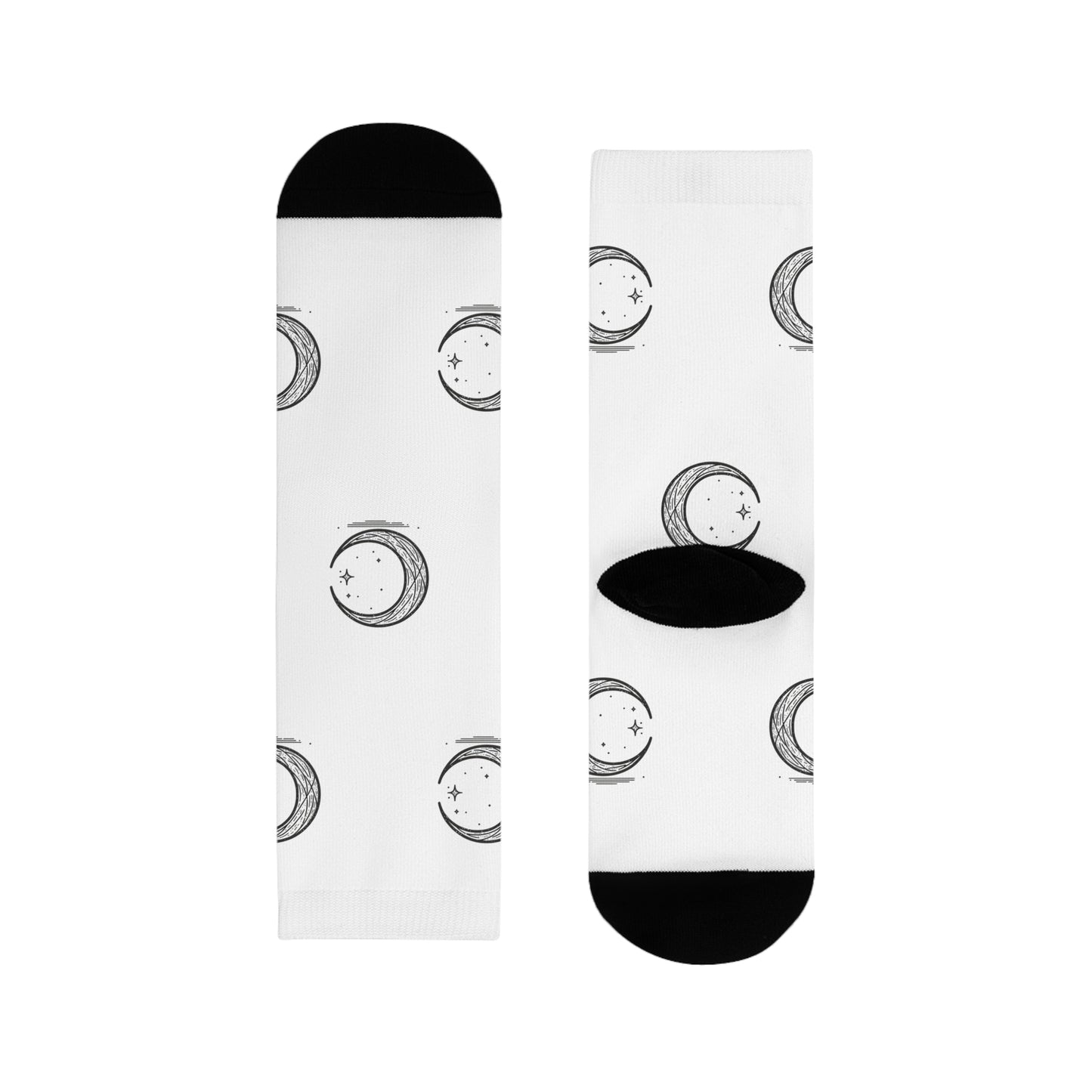 Crescent Moon Crew Socks, Minimalist Lunar Design, Night Sky Apparel, Black White Patterned Footwear, Gift for Moon Lovers,
