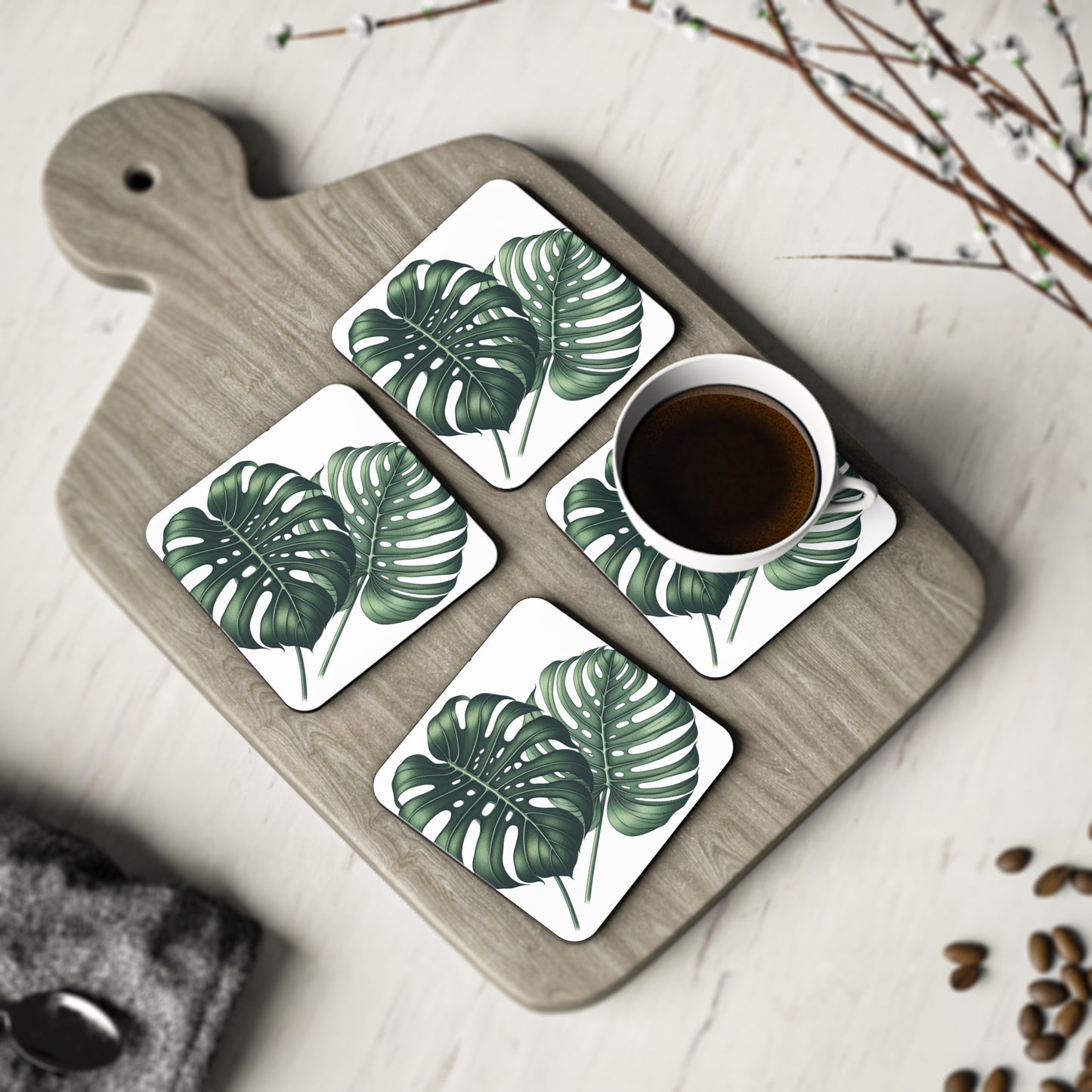 Monstera Leaf Drink Coasters, Tropical Home Decor, Botanical Coasters, Housewarming Gift, Set of 4 Coasters