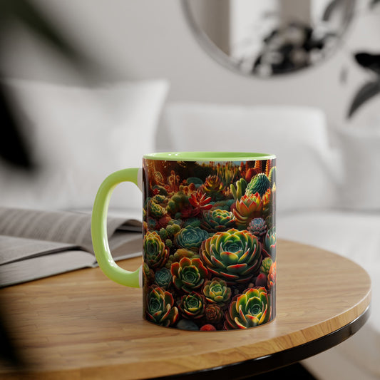 Succulent Family Accent Mug, Unique Botanical Design, Plant Lover Gift, Ceramic Coffee Cup, Cactus Print Tea Mug, Gardening Decor, Cute