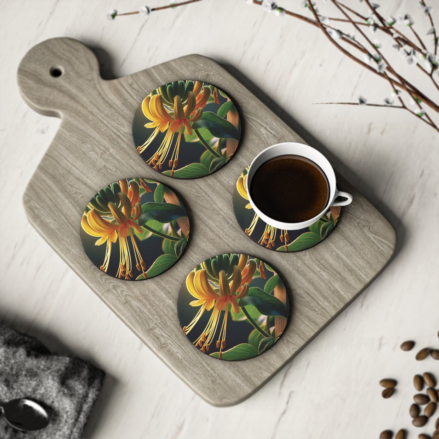 Floral Honeysuckle Coasters, Set of 4 Cork Backed Coasters, Botanical Drink Mats, Flower Lover Gift, Home Decor Accents