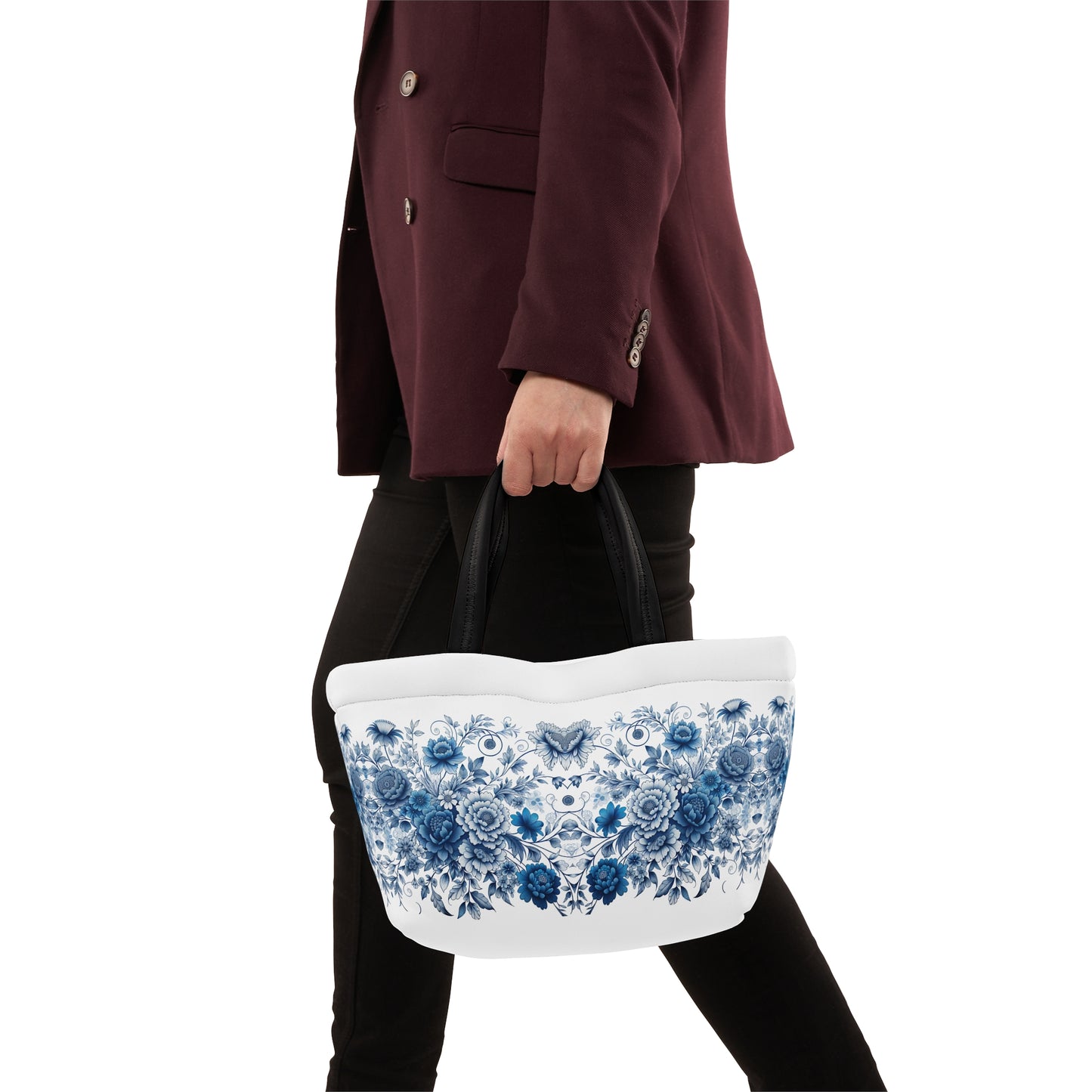 Blue Floral Lunch Bag - Insulated Food Tote, Flower Print Lunchbox, Picnic Cooler, Reusable Lunch Sack, Lunchtime Accessory