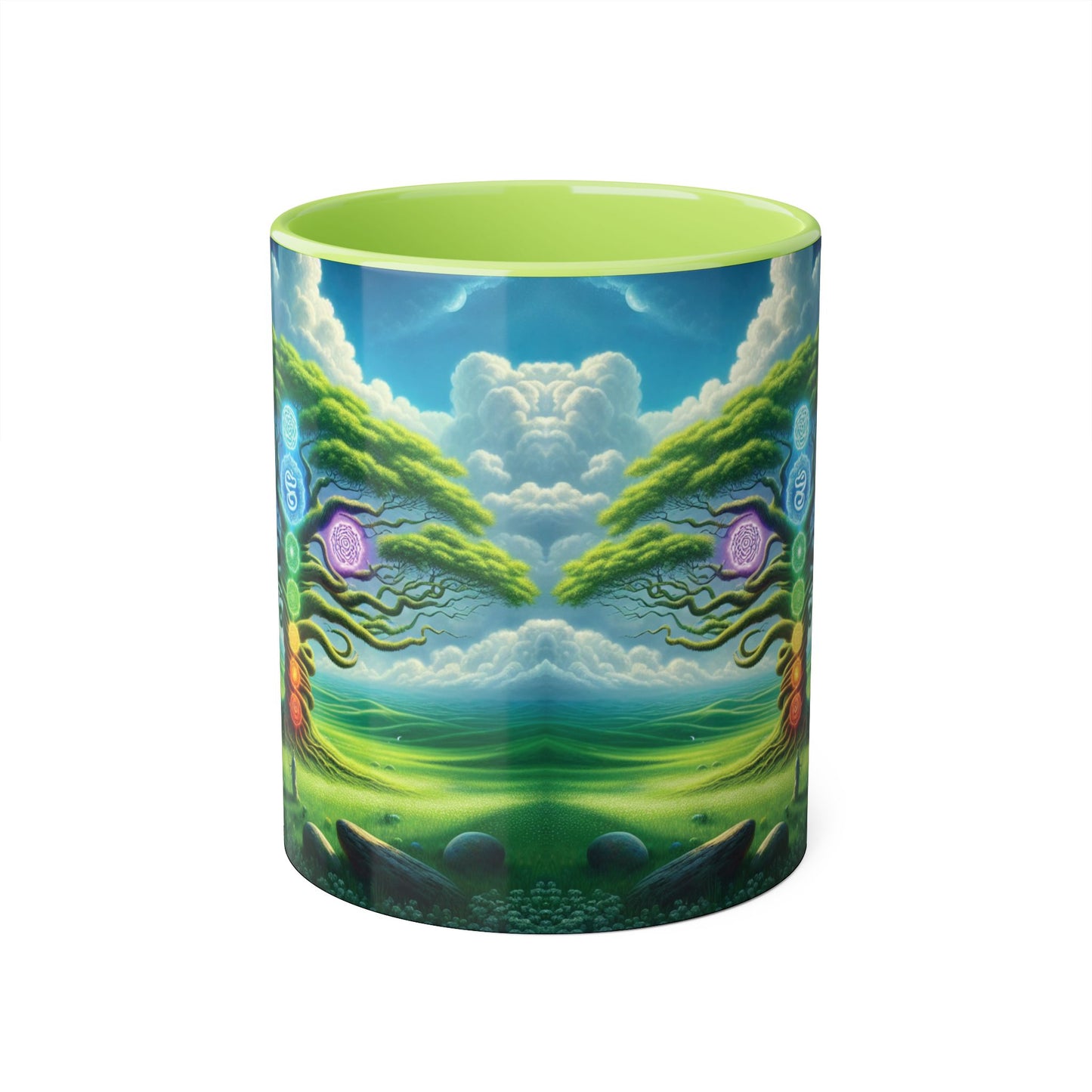 Chakra Tree Accent Mug, 11oz - Ceramic Tea Cup, Reiki Energy Drinkware, Spiritual Gift, Yoga Meditation Coffee Mug, Tree of Life Kitchen