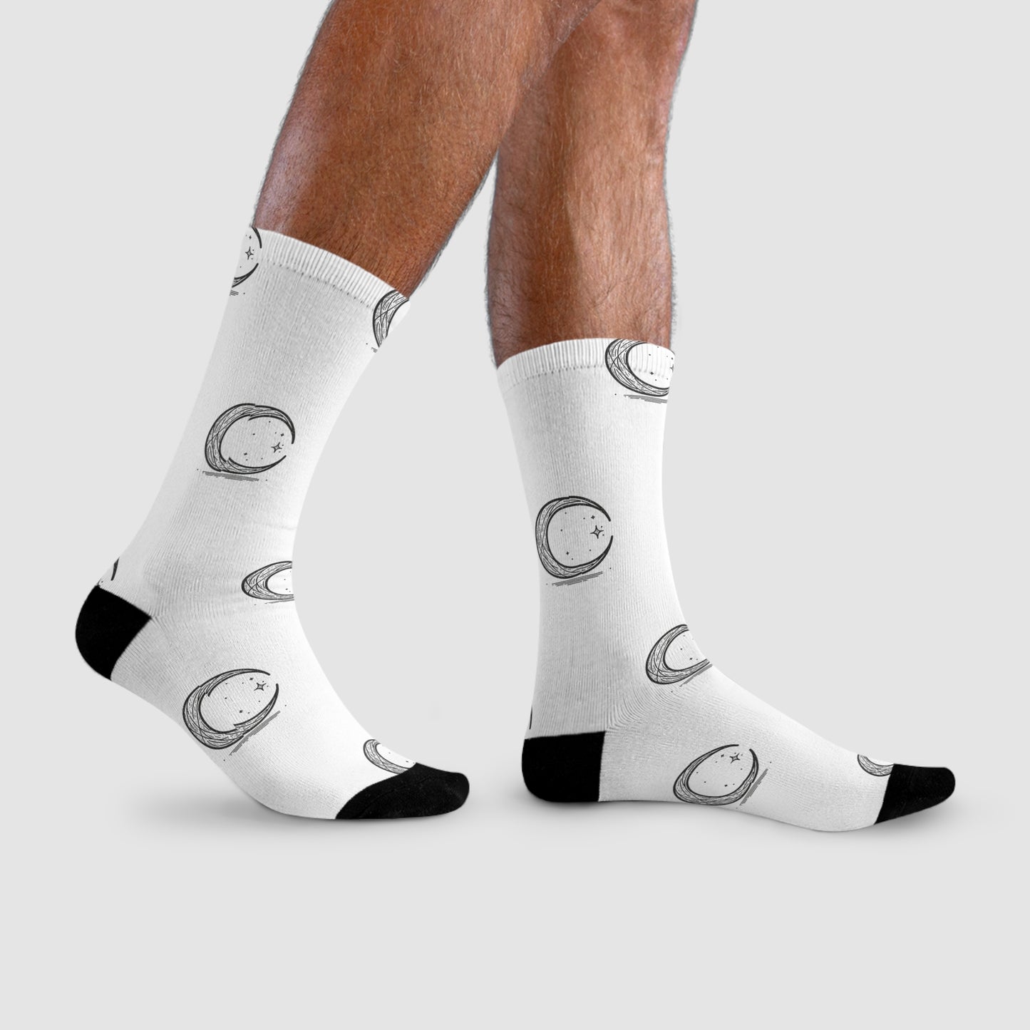 Crescent Moon Crew Socks, Minimalist Lunar Design, Night Sky Apparel, Black White Patterned Footwear, Gift for Moon Lovers,