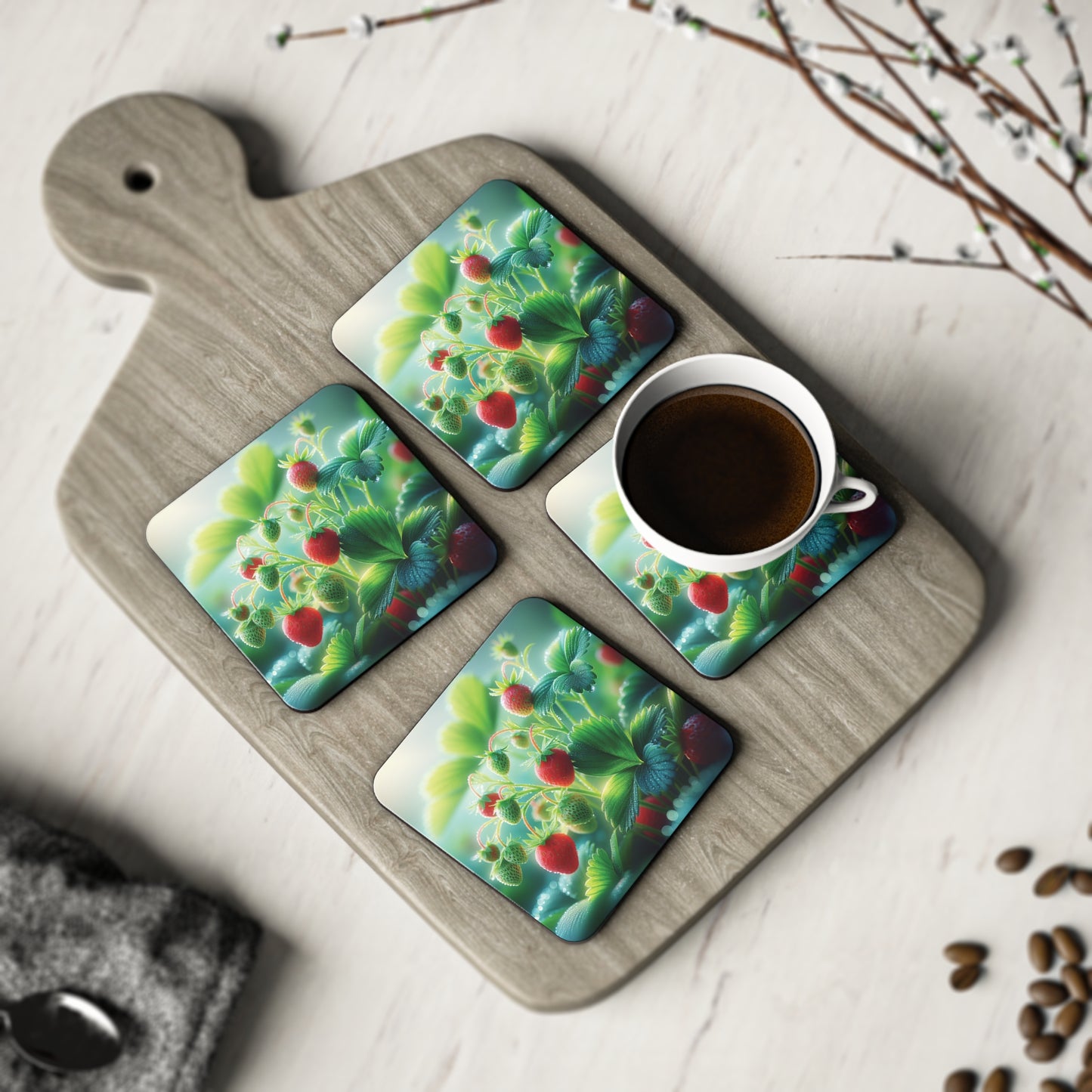 Strawberry Garden Coasters Set, Fruit Kitchen Decor, Drink Coaster, Red Berries, Farmhouse Coasters, Gift for Gardener, Housewarming Present
