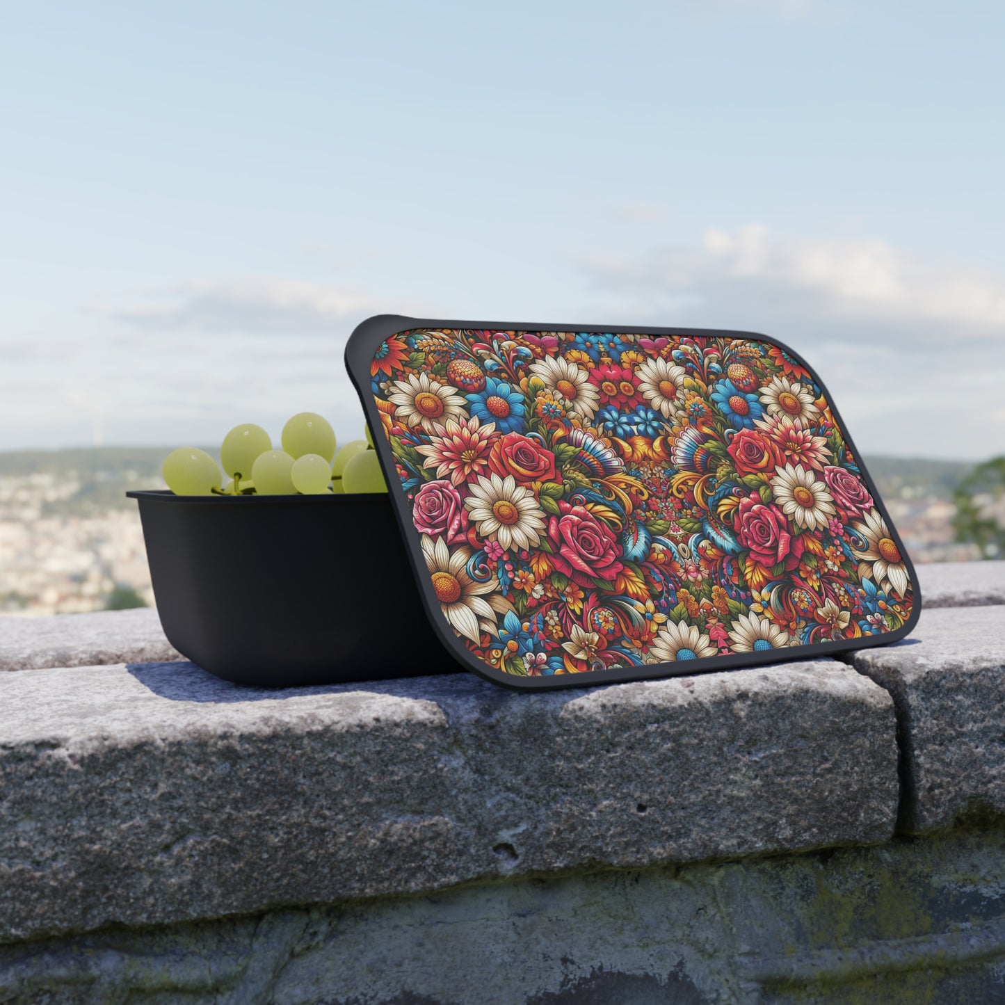 Bento Box - Colorful Flower Patterned Bento Box with Band and Utensils, Floral Design, Lunch Container, Food Storage Container, Eco-Friendly