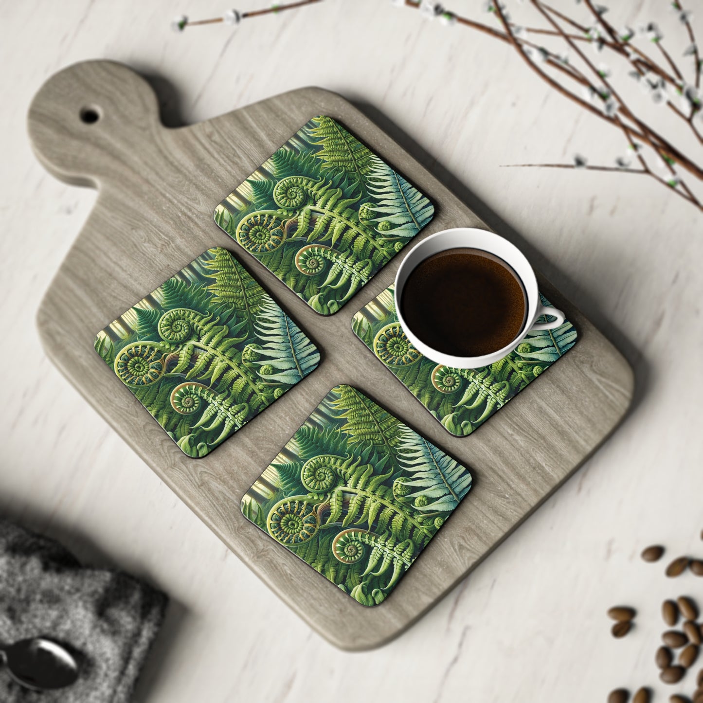 Botanical Fern Leaves Drink Coasters, Set of 4 Square Coasters, Jungle Plant Home Decor, Tropical Greenery Coasters, Leaf Print