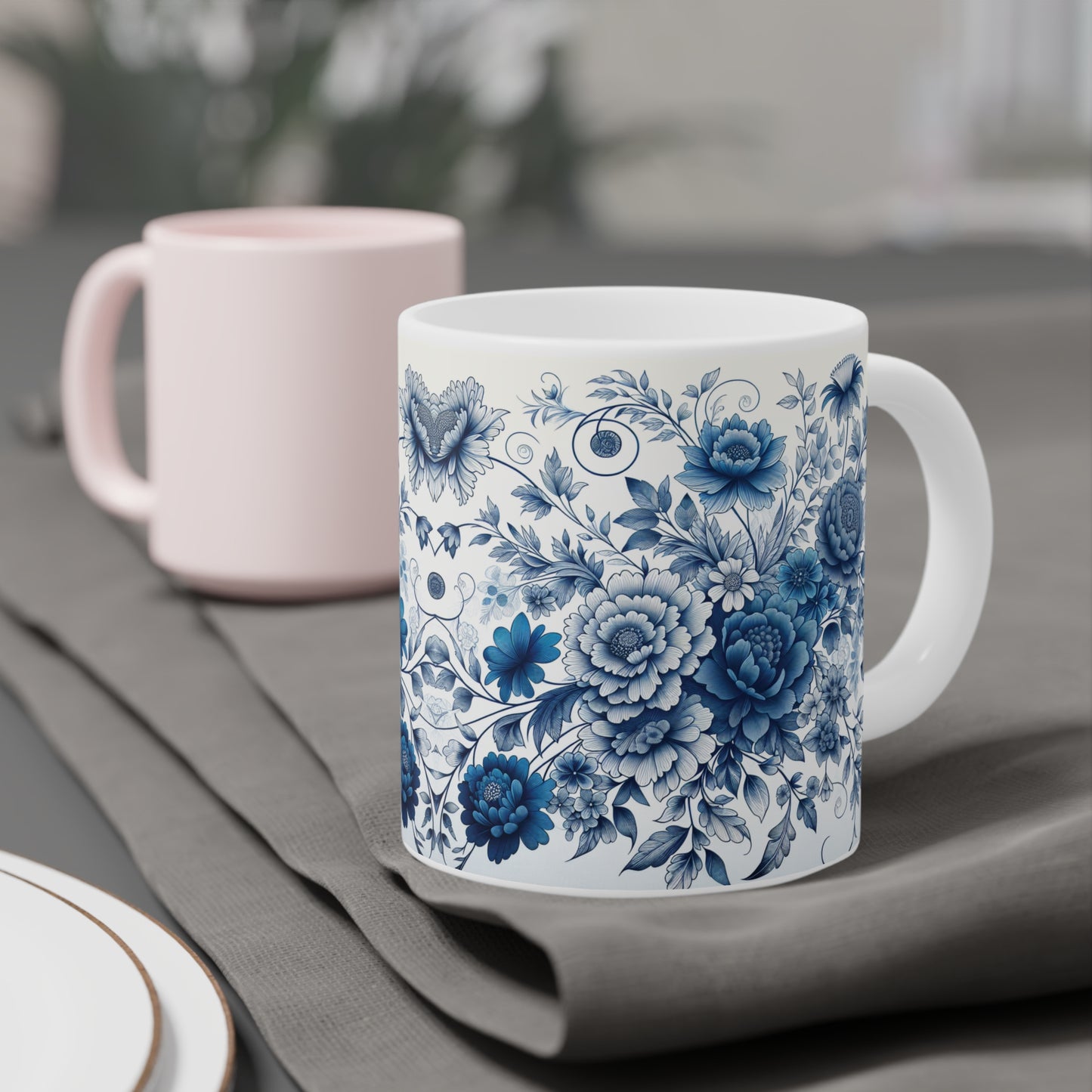 Elegant Floral Ceramic Mugs - Blue Blossom Design, Gift for Tea Lovers, Home Decor, Coffee Mug, Ceramic Drinkware