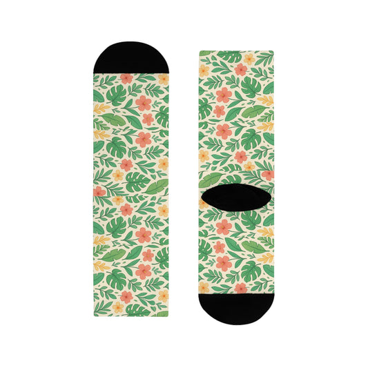 Tropical Floral Sublimation Crew Socks, Botanical Print Footwear, Summer Vibes Accessories, Beach Vacation Wear, Floral Patterned Sock Gift,
