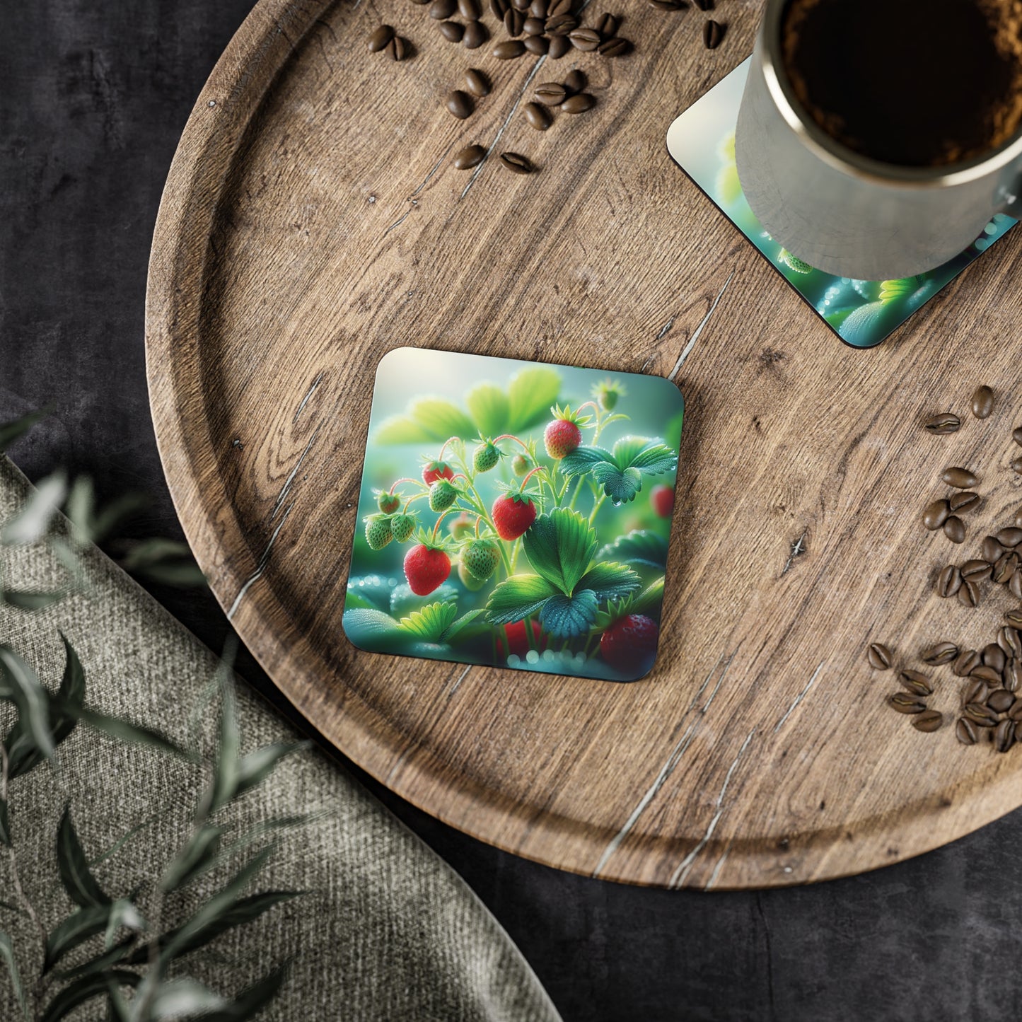 Strawberry Garden Coasters Set, Fruit Kitchen Decor, Drink Coaster, Red Berries, Farmhouse Coasters, Gift for Gardener, Housewarming Present