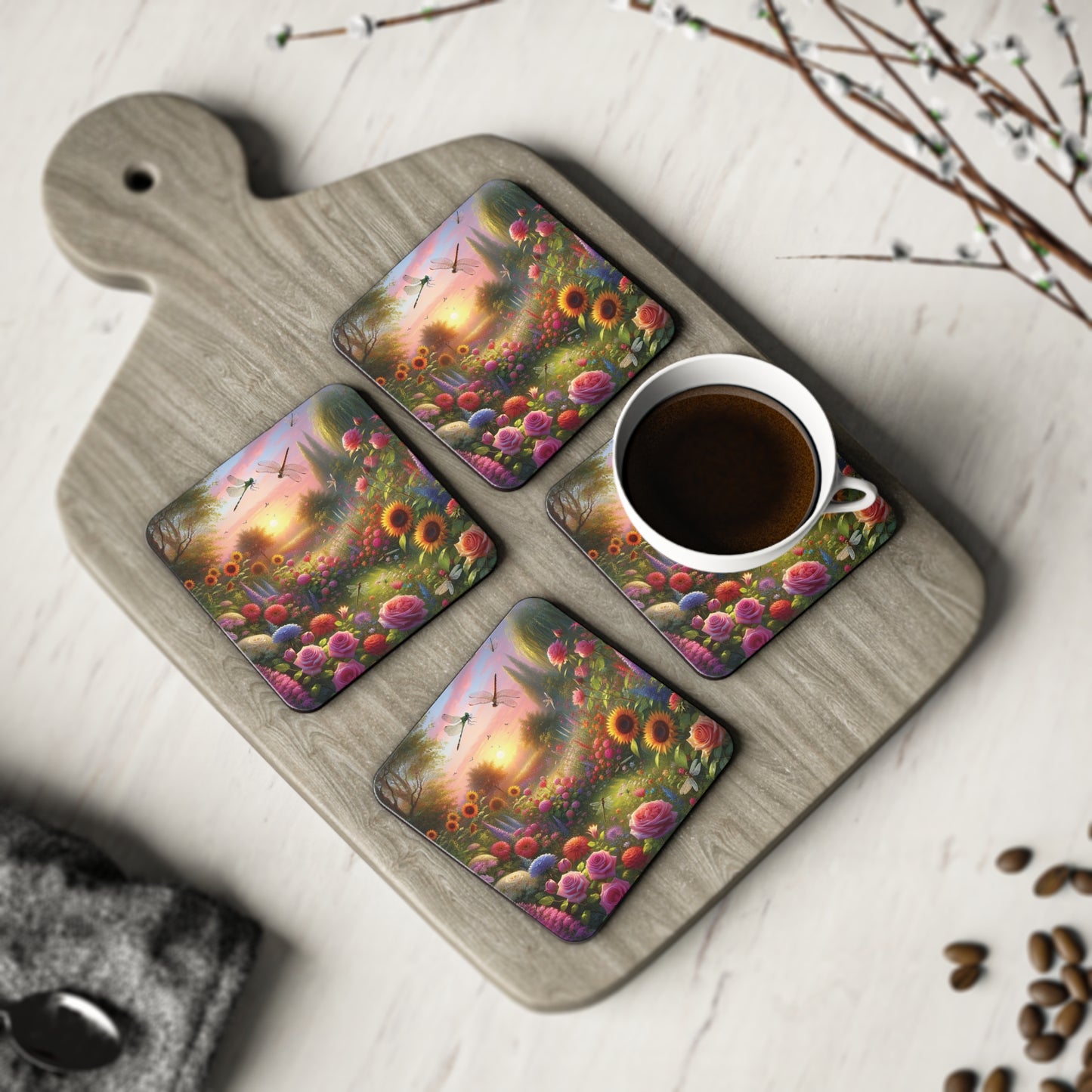 Sunset Garden Coasters, Drink Coasters, Floral Decor, Home Bar Accessories, Housewarming Gift, Nature Lover Decor